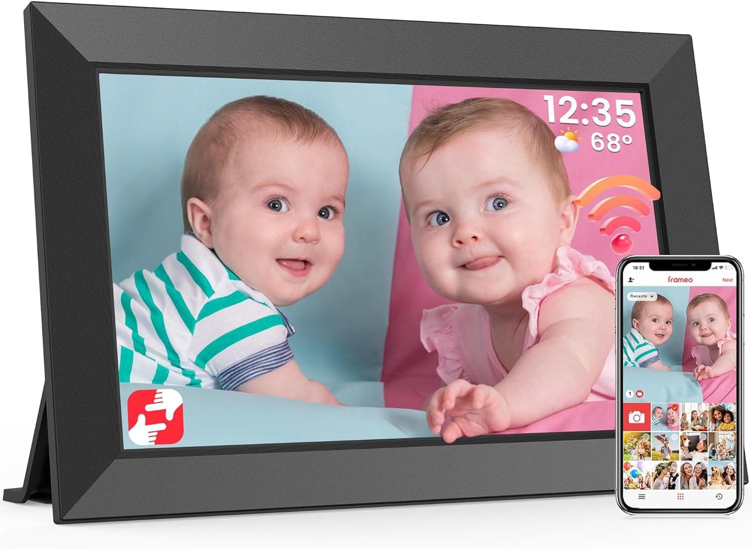 Frameo 10.1 Inch WiFi Digital Photo Frame Built-in 32GB Memory, HD 1280x800 IPS Touchscreen Digital Picture Frame for Sharing Photos and Videos, with Multilingual Support, Auto Rotate, Wall Mountable
