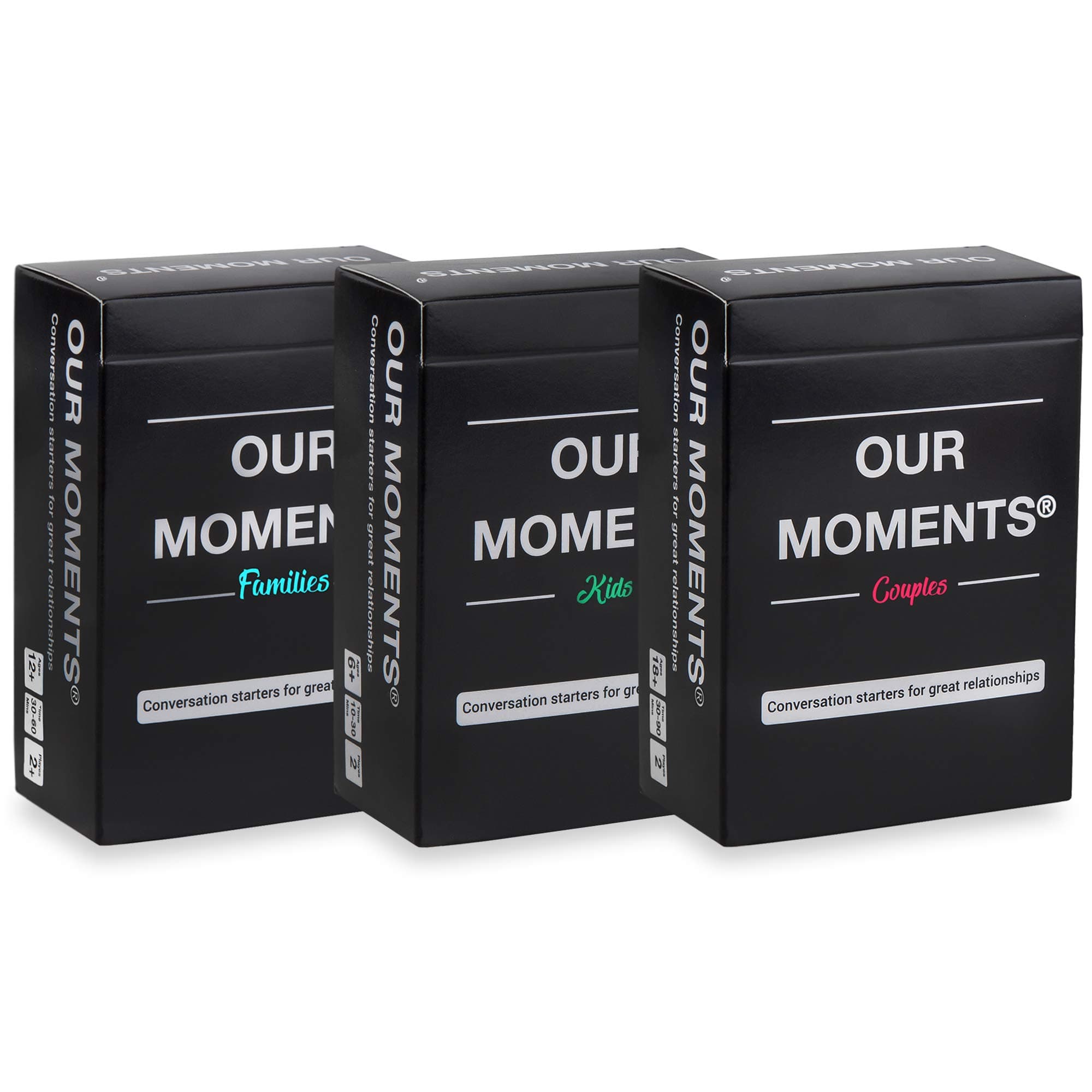 OUR MOMENTS Road-Trip Bundle: 300 Thought Provoking Conversation Starters for Couples, and for Meaningful Families Communication and Relationships Building - (3 Decks: Couples + Kids + Families)