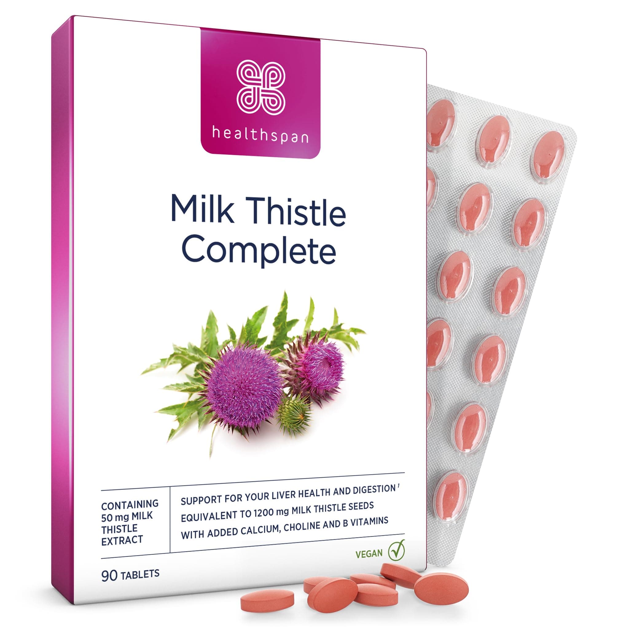 Healthspan Milk Thistle Complete (90 Tablets) | 50mg Milk Thistle Extract | with B Vitamins, Calcium & Choline to Support Your Digestive Health & Liver Function | Vegan Friendly