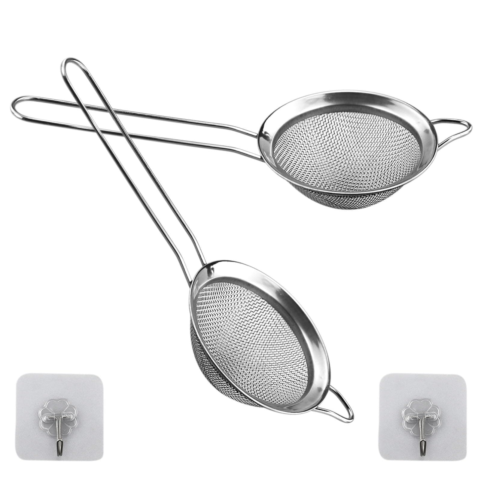 2 Pack Small Stainless Steel Fine Mesh Strainers with Kitchen Hooks,8 cm Diameter Mini Fine Mesh Sieve Tea Strainers Kitchen Colander Sieve with Handle - Ideal for Juice Egg Tea Coffee Flour Filter