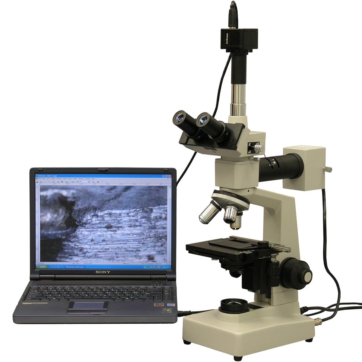 AmScope ME300TZC-2L-14M Digital Episcopic and Diascopic Trinocular Metallurgical Microscope, WF10x and WF25x Eyepieces, 40X-2500X Magnification, Halogen Illumination with Rheostat, Double-Layer Mechanical Stage, Sliding Head, High-Resolution Optics, Includes 14MP Camera with Reduction Lens and Software