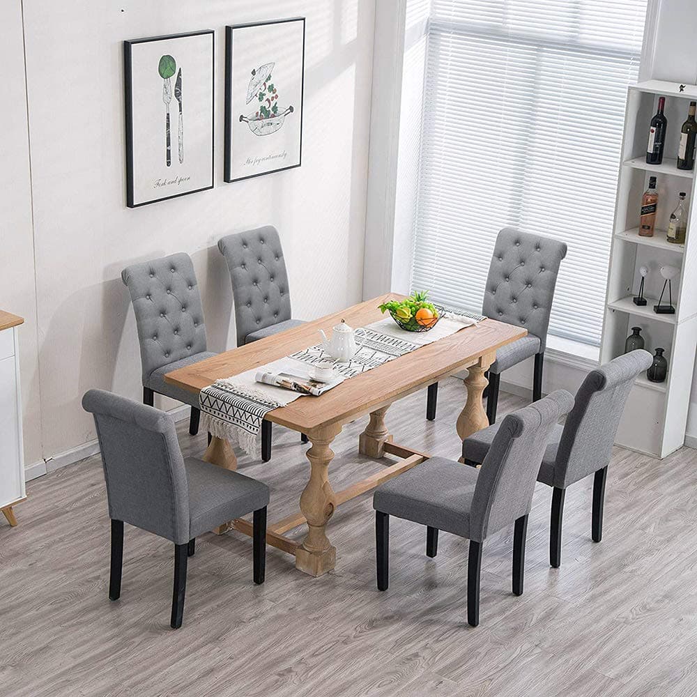 Huisen Furniture Comfortable Dining Room Chairs Armless Only Set of 6 Grey Kitchen Chairs Fabric Upholstered Soft Padded Chairs Wood Black Legs Chairs High Back x6