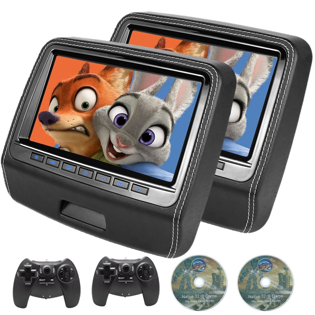 AUTOWINGS A-H9100B Car Headrest DVD Player 9 inch Screen Leather with USB HDMI FM Transmitter Game Disc Remote Support IR Headphones Black Pack of 2