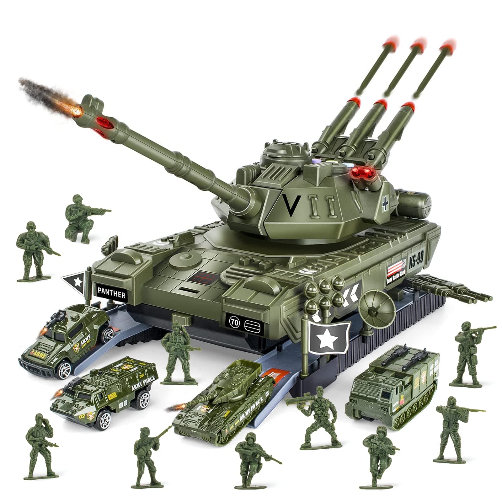 UNIH Toy Sets, Military Transport Tank and 4PCS Vehicles, Tank & Vehicle Playset with 4 Sound and Launcher Birthday Gift for Kids Boys 3 4 5 6 7 Years Old ( Army Men Soldiers Included)