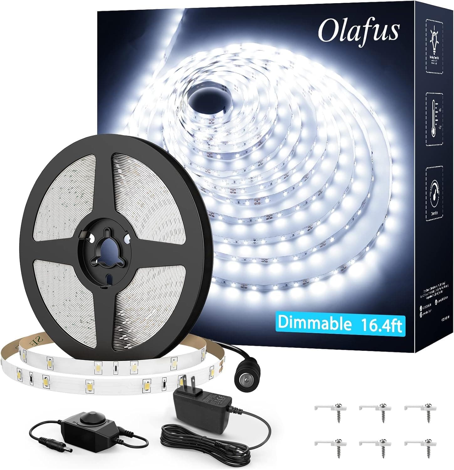 Olafus White LED Strip Lights, 16.4ft Dimmable LED Light Strip, 12V 6000K Vanity Mirror Light with UL Listed Plug, 300 LEDs 2835 Flexible Led Lights for Bedroom Under Cabinet Kitchen