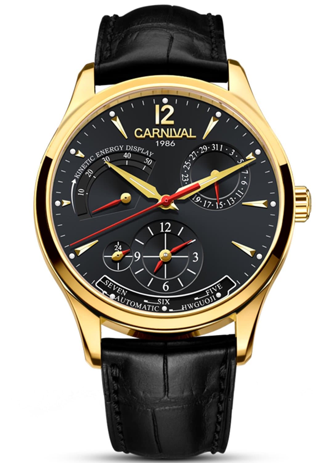 Mens Kinetic Display Automatic Machine Stainless Steel Sapphire Waterproof Leather Black Watch