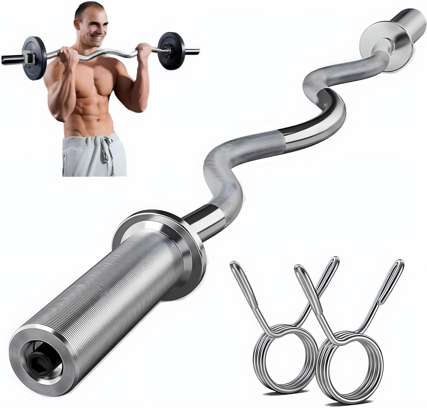 47" Olympic EZ Curl Bar for 2-inch Plates - Ez Bar - Ez Barbell Curl Bar for Weight Lifting Bicep,Hip Thrusts,Squat, with 2 Spring Collars