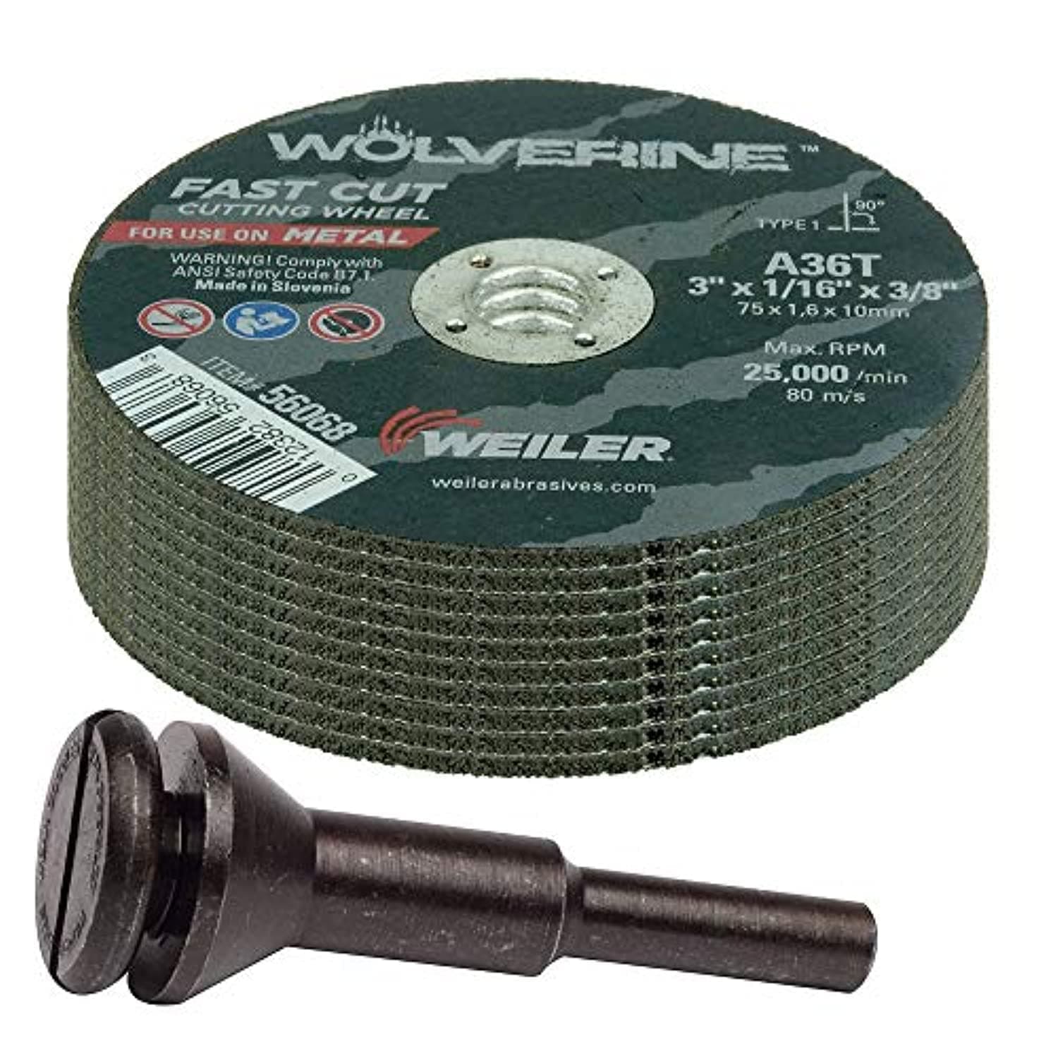 Weiler 56089 Die Grinder Cut-Off Wheel and Mandrel Kit including 56490 Mandrel and 3-Inch x 1/16" Wolverine T1 Thin Wheels, A36T, 3/8" AH (1 Mandrel and 10 Cutting Discs)