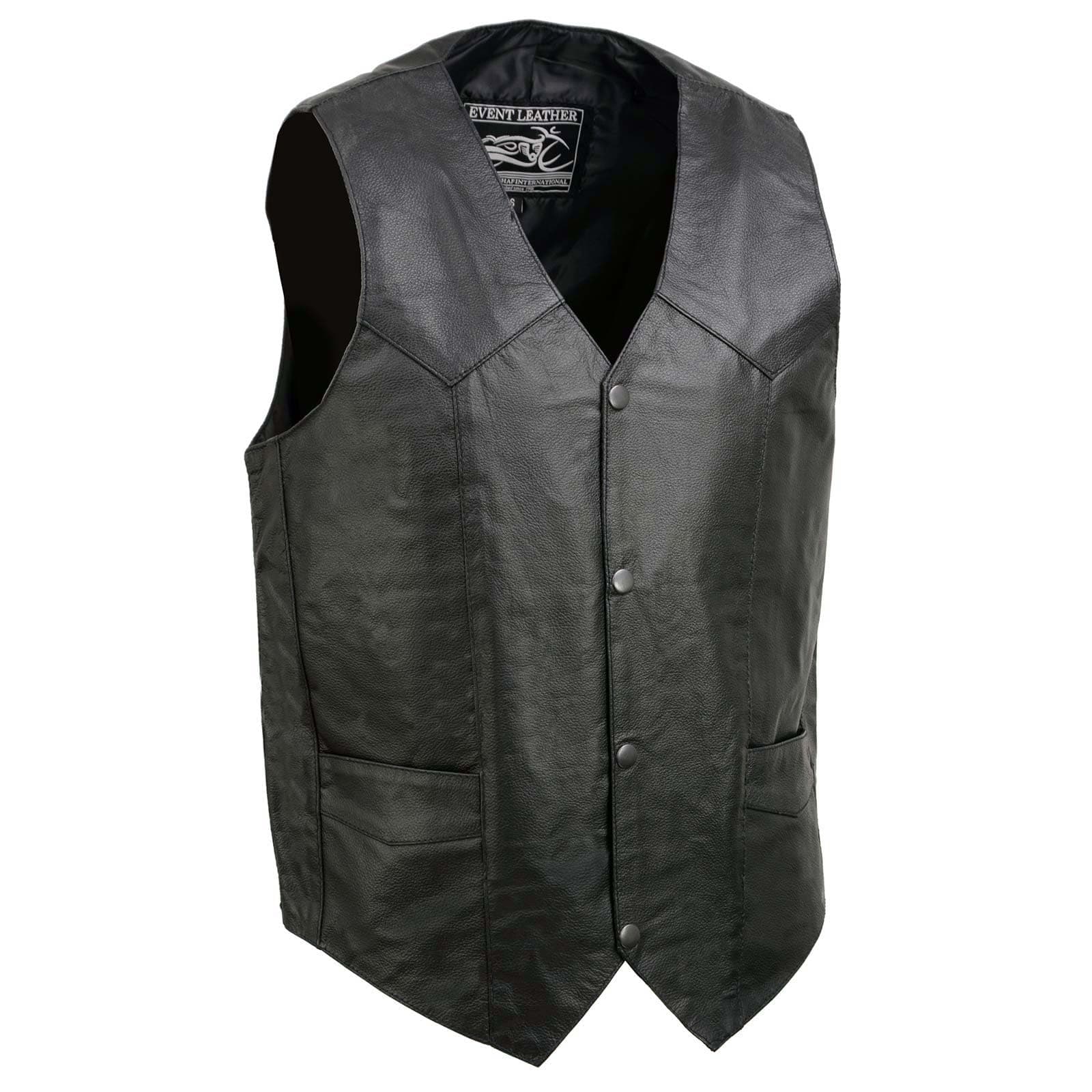 EL1310GO Men's Classic Western Style Snap Button Black Motorcycle Riders Leather Vest