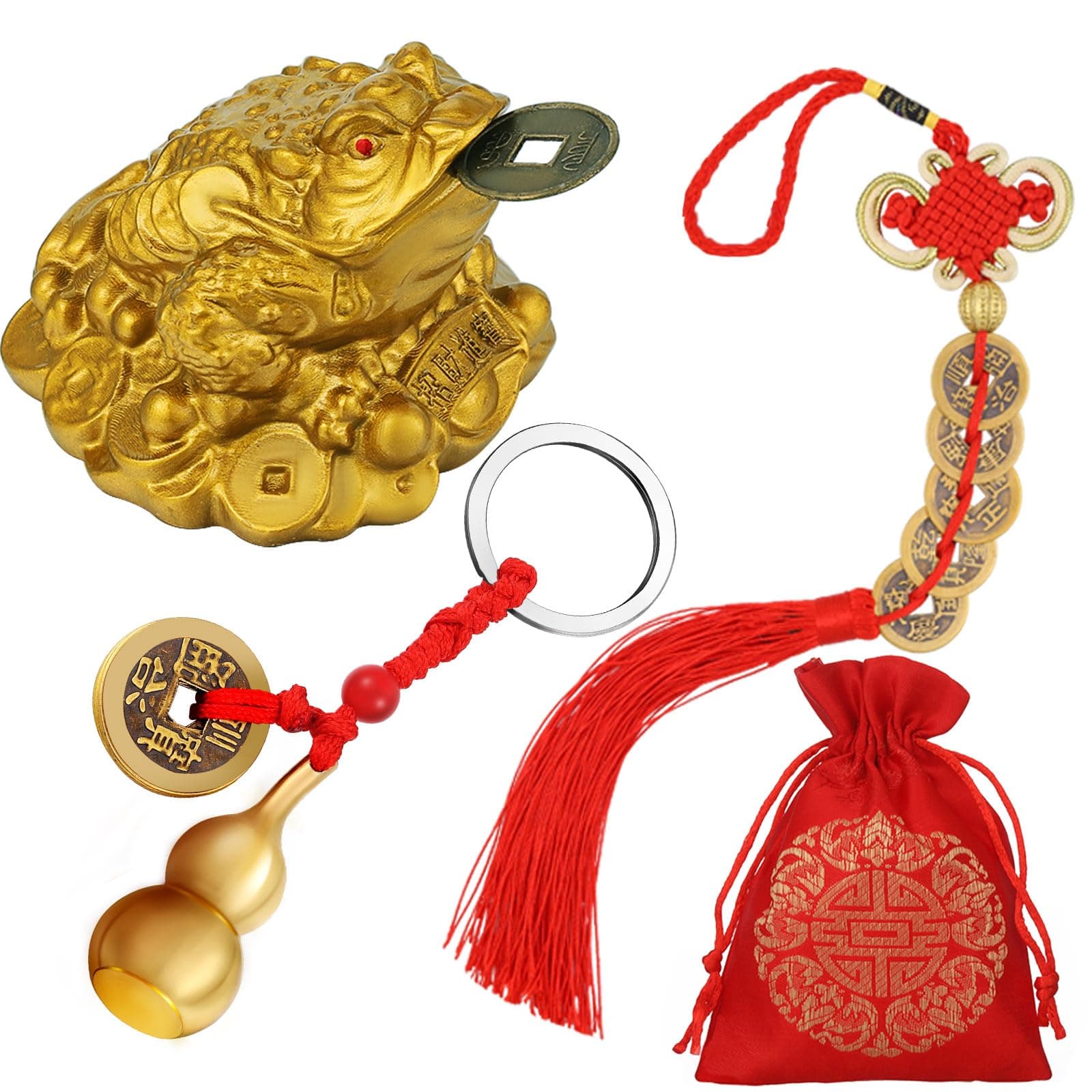 3 Pieces Feng Shui Money Frog Chinese Knot Lucky Coins Feng Shui Brass Wu Lou with Coins Keychain for Longevity Travel Safely Wealth Success and Good Luck with 1 Blessing Card and 1 Red Blessing Bag
