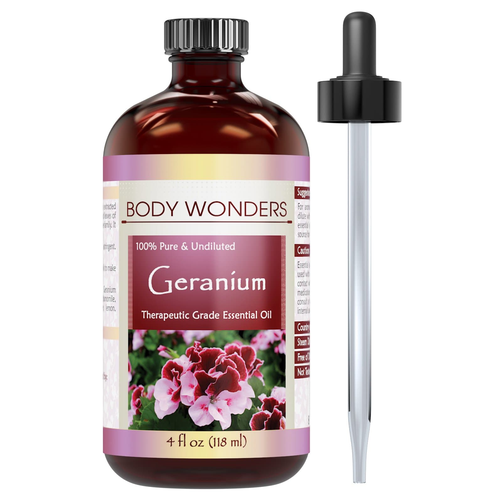 Body Wonders Geranium Essential Oil - 4 Oz Bottle - 100% Pure Therapeutic Grade Great for Aromatherapy & Diffusers