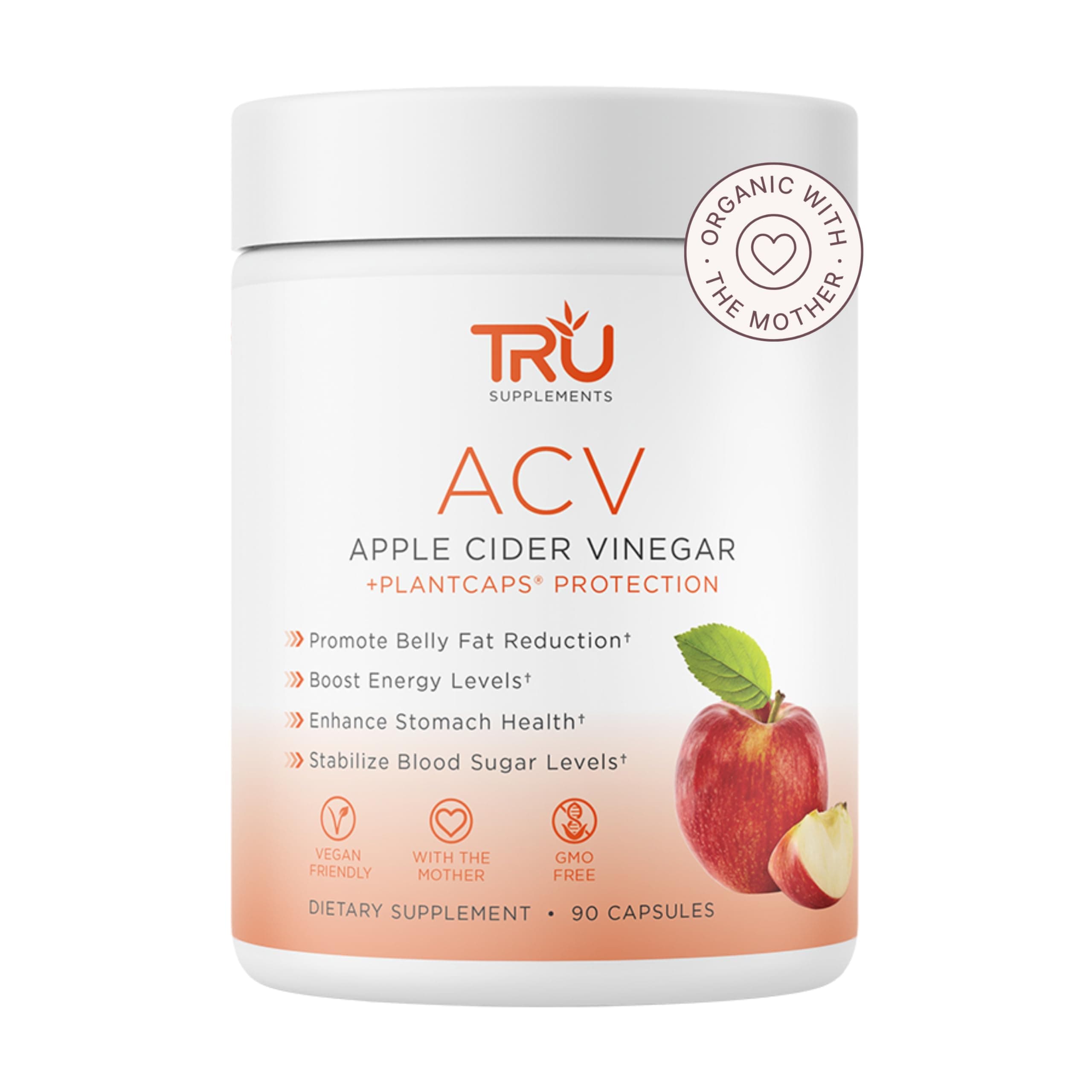 TRU Supplements ACV, Apple Cider Vinegar, Organic ACV with The Mother, Improves Digestion and Skin Health, 45 Servings, 1000mg