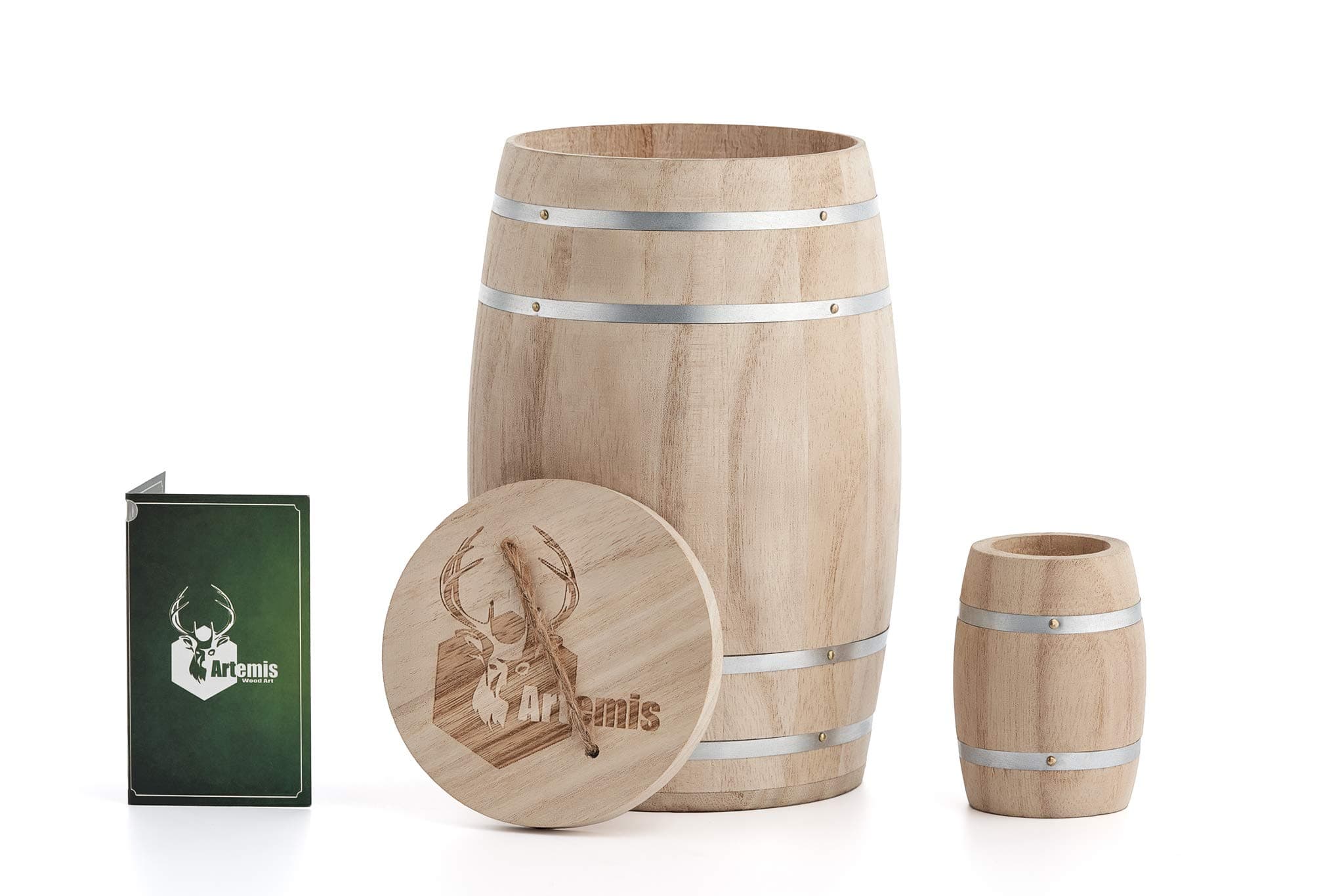 Decorative Container Wooden Barrel w/ Lid for Home Decor - Handmade Caddy for Kitchen, Bar, Dining / Living Room and Office. Versatile Storage. Bonus Small Whiskey Barrel Toothpick Holder