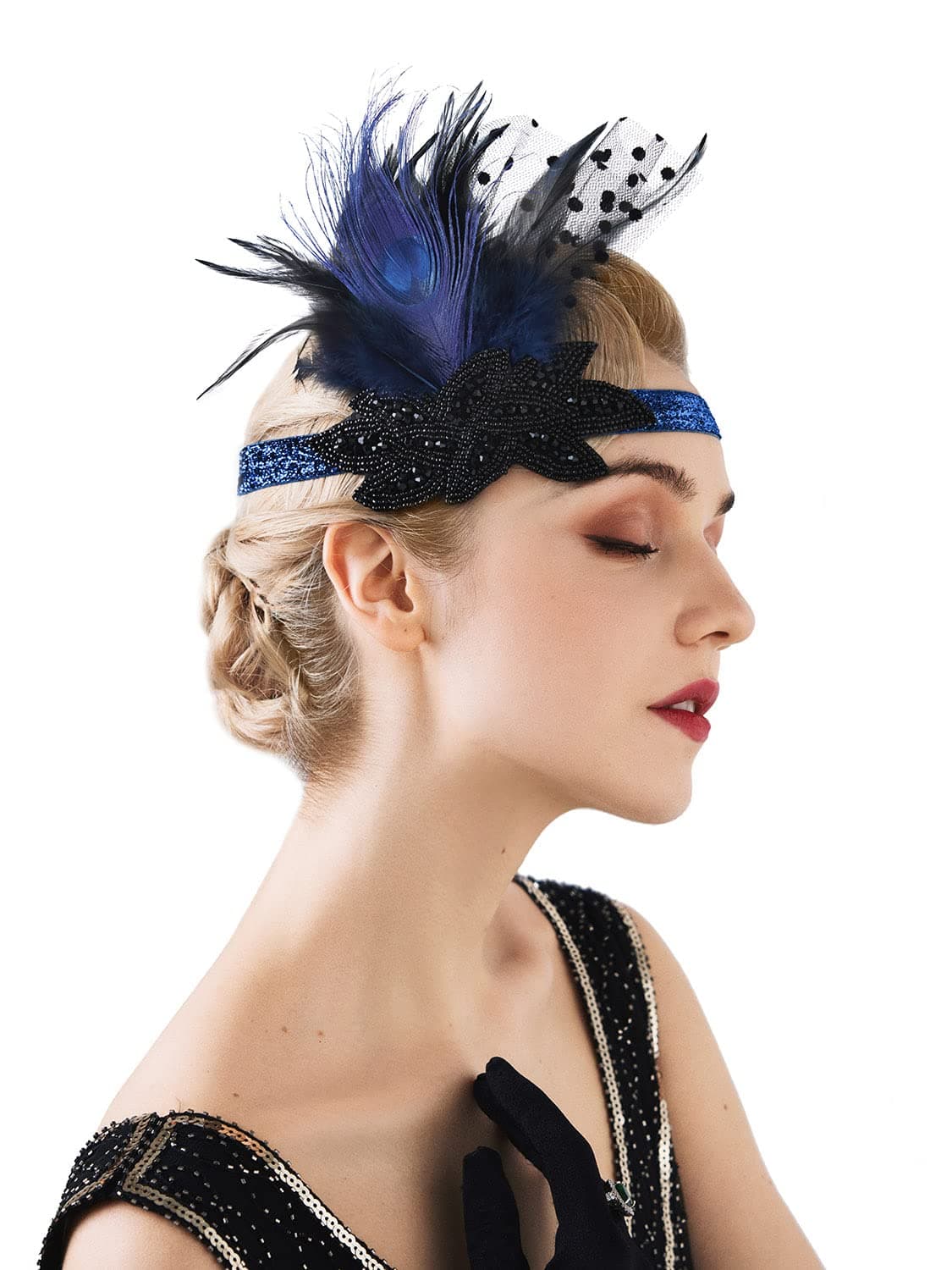 SWEETV 1920s Feather Headpiece Rhinestone Flapper Headband, Roaring 20s Great Gatsby Headpiece Hair Accessories for Women,Royal Blue