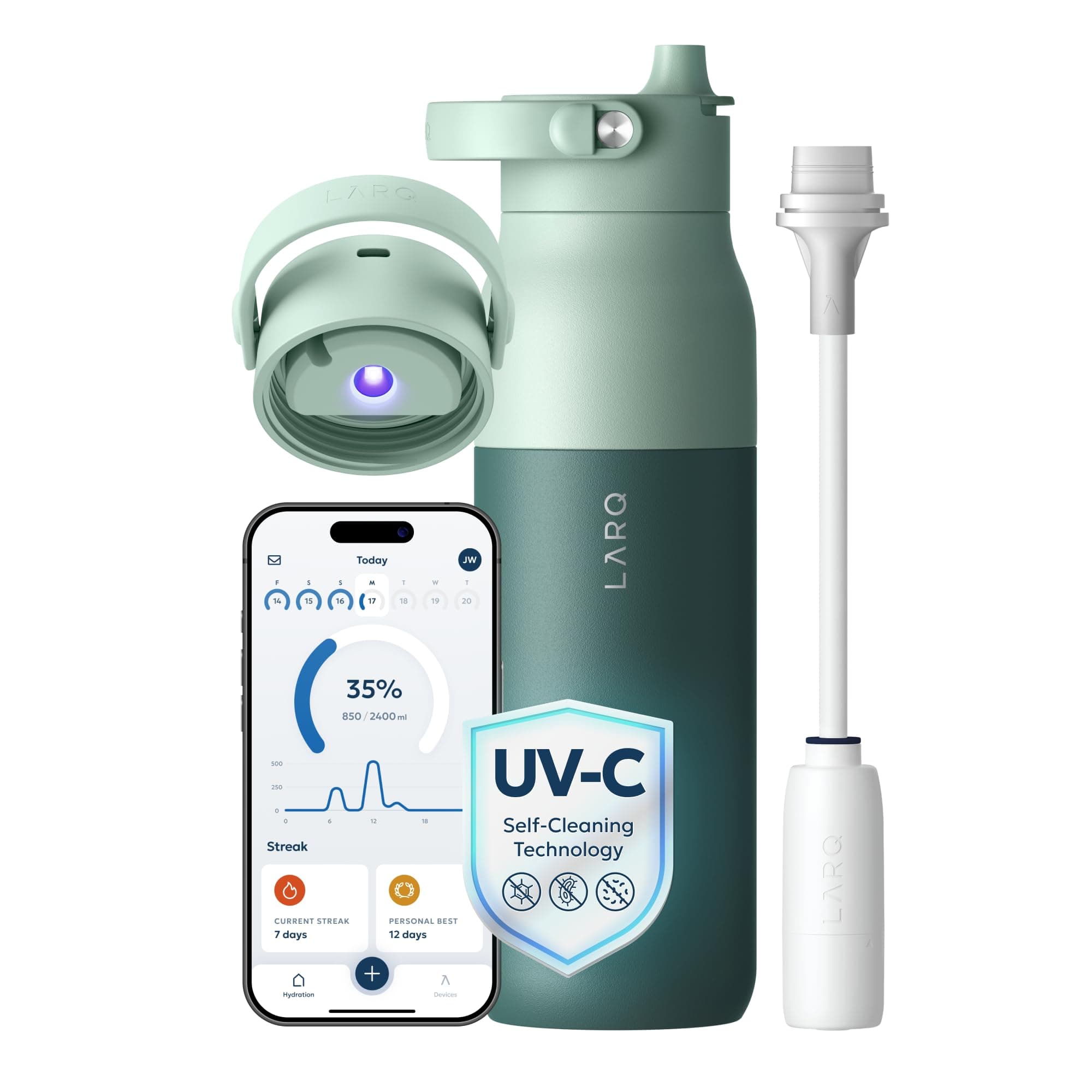 LARQ PureVis 2 Self Cleaning Water Bottle - UV Water Purifier with Filter Straw, Smart App Hydration Tracking, Insulated Stainless Steel - Eucalyptus Green, 23 Oz