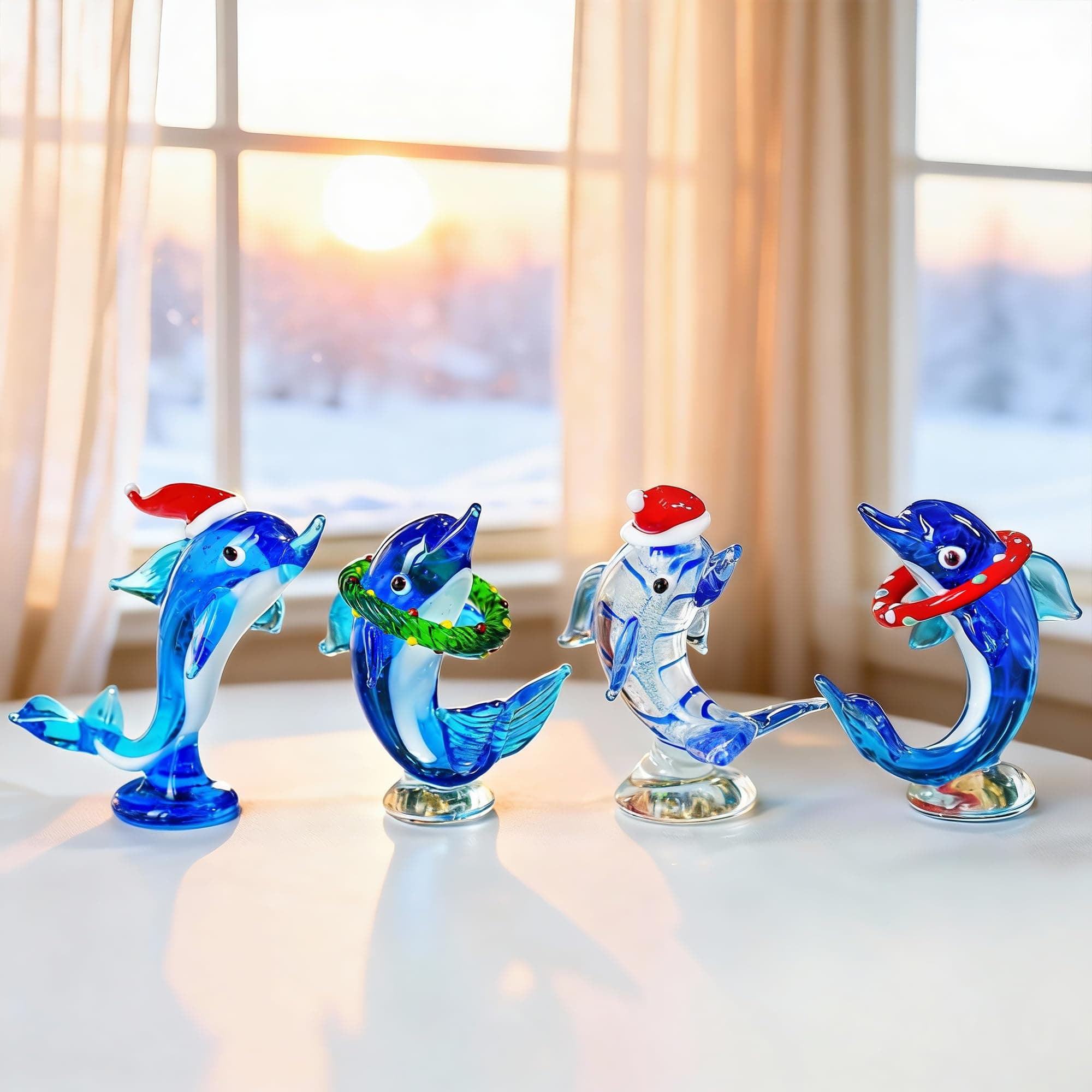 H&D HYALINE & DORA Set of 4 Blown Glass Dolphins Figurines with Hat Decorative Tiny Glass Animals Collectible Gifts for Home Table