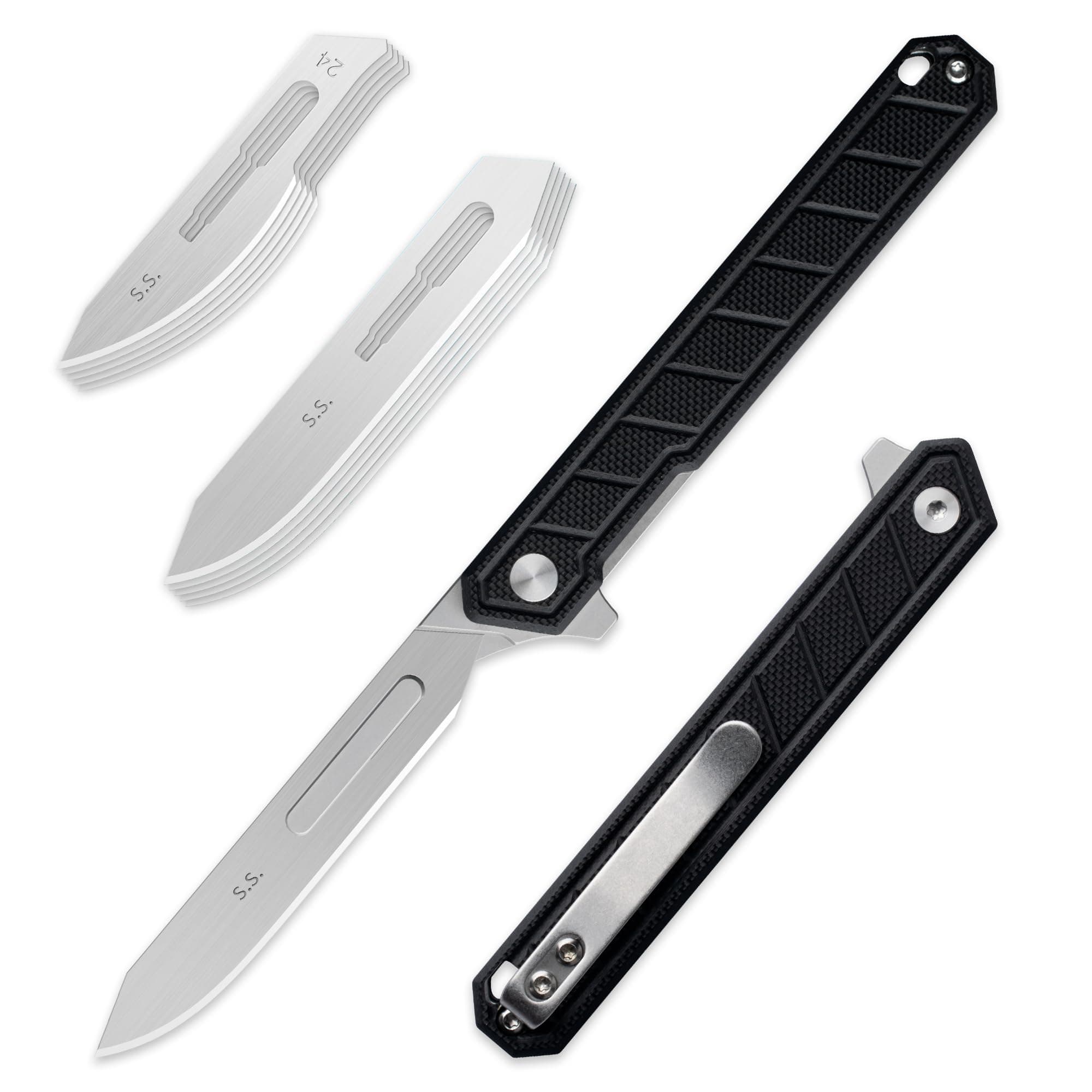 - G046 Mecha Mini Slim Folding Scalpel with 5pcs #24 and 5pcs #60 G11 Handle with Liner Lock, Utility EDC Pocket Knife with Back Clip(Black)