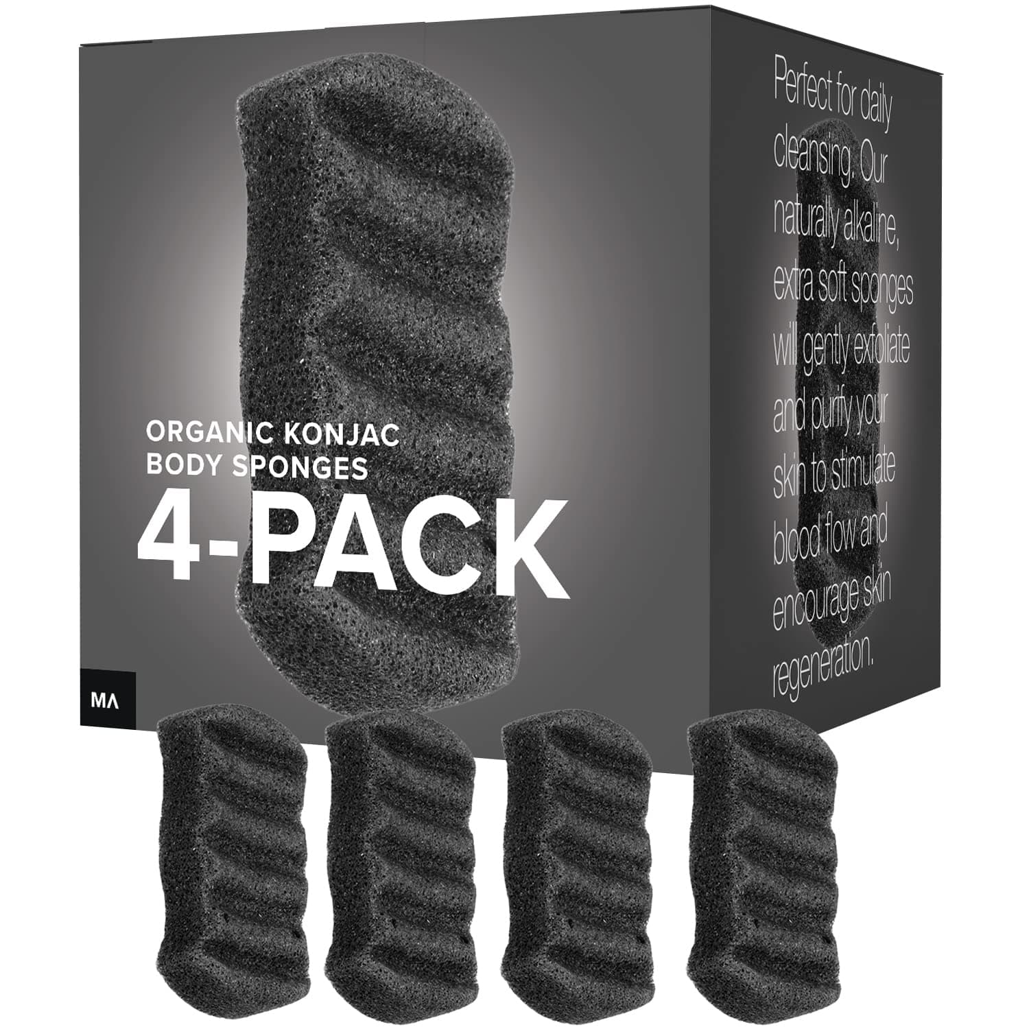 Minamul Konjac Exfoliating Organic Body Sponge | Gentle Daily Body face Scrub/Skincare | Infused with Best Bamboo Activated Charcoal | Safe for Oily Dry Combination or Sensitive Skin | 4 Pack Set