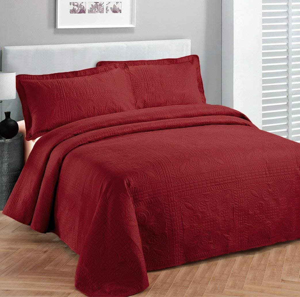 Elegant Home Beautiful Over Sized Solid Color Embossed Floral Striped 3 Piece Coverlet Bedspread (King/Cal-King, Red)