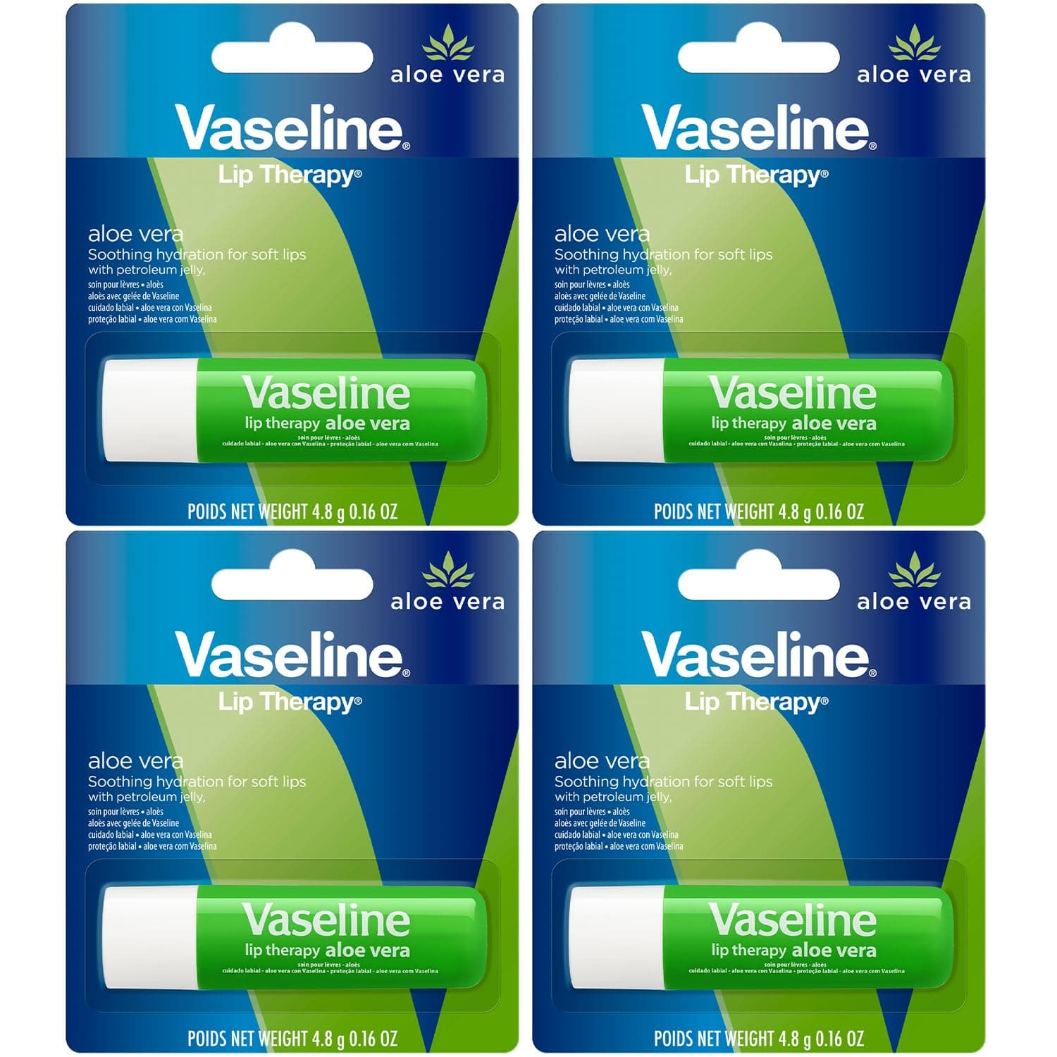 Vaseline Lip Therapy Care Aloe Fresh, Fast-Acting Nourishment, Ideal for Chapped, Dry, Cracked, or Damaged Lips, Lip Balm, 4-Pack, 0.16 Oz Each