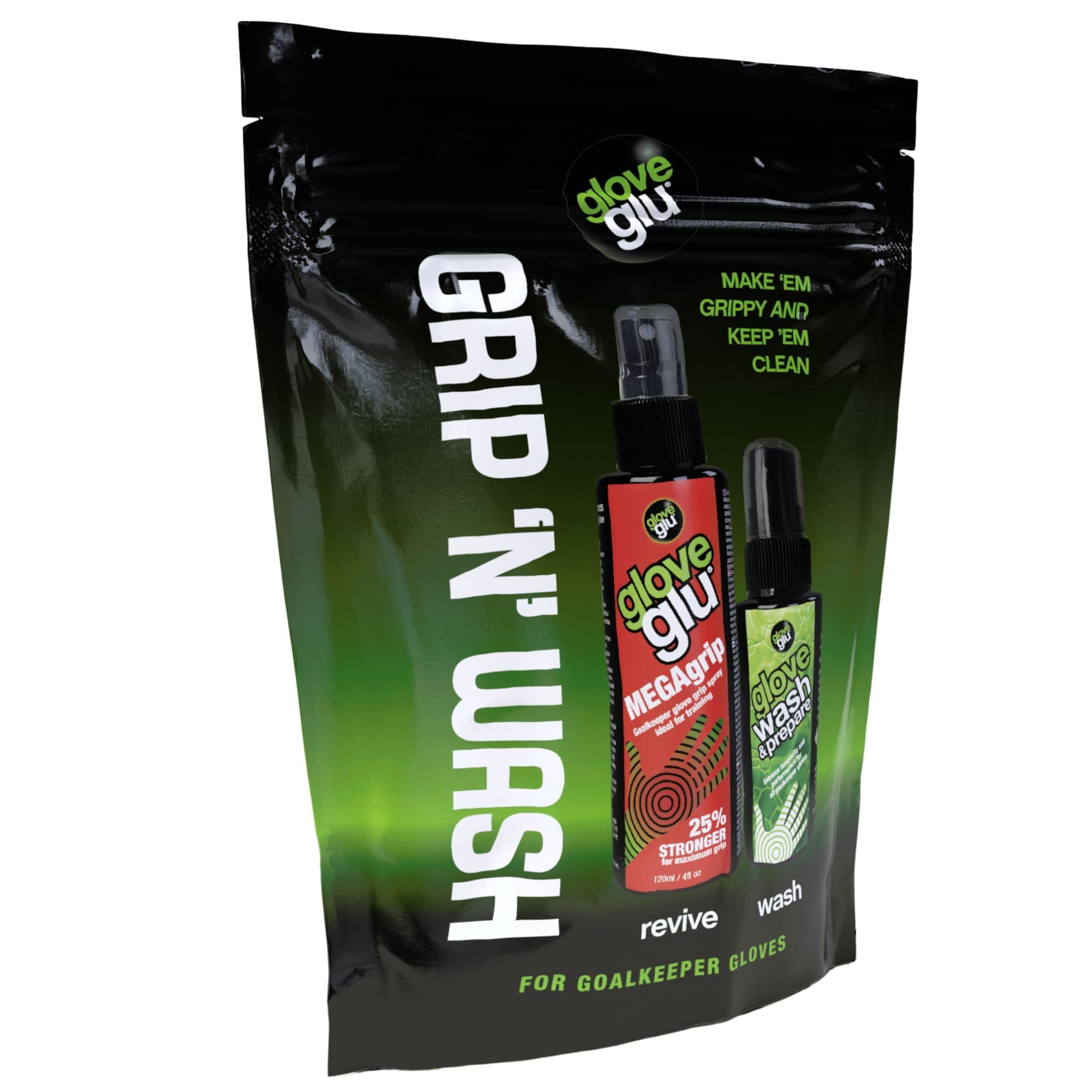 gloveglu Grip N Wash Goalkeeper Glove Spray Bundle Contains gloveglu 120ml MEGAgrip Goalkeeper Grip Spray 50ml Premium Wash Prepare Glove