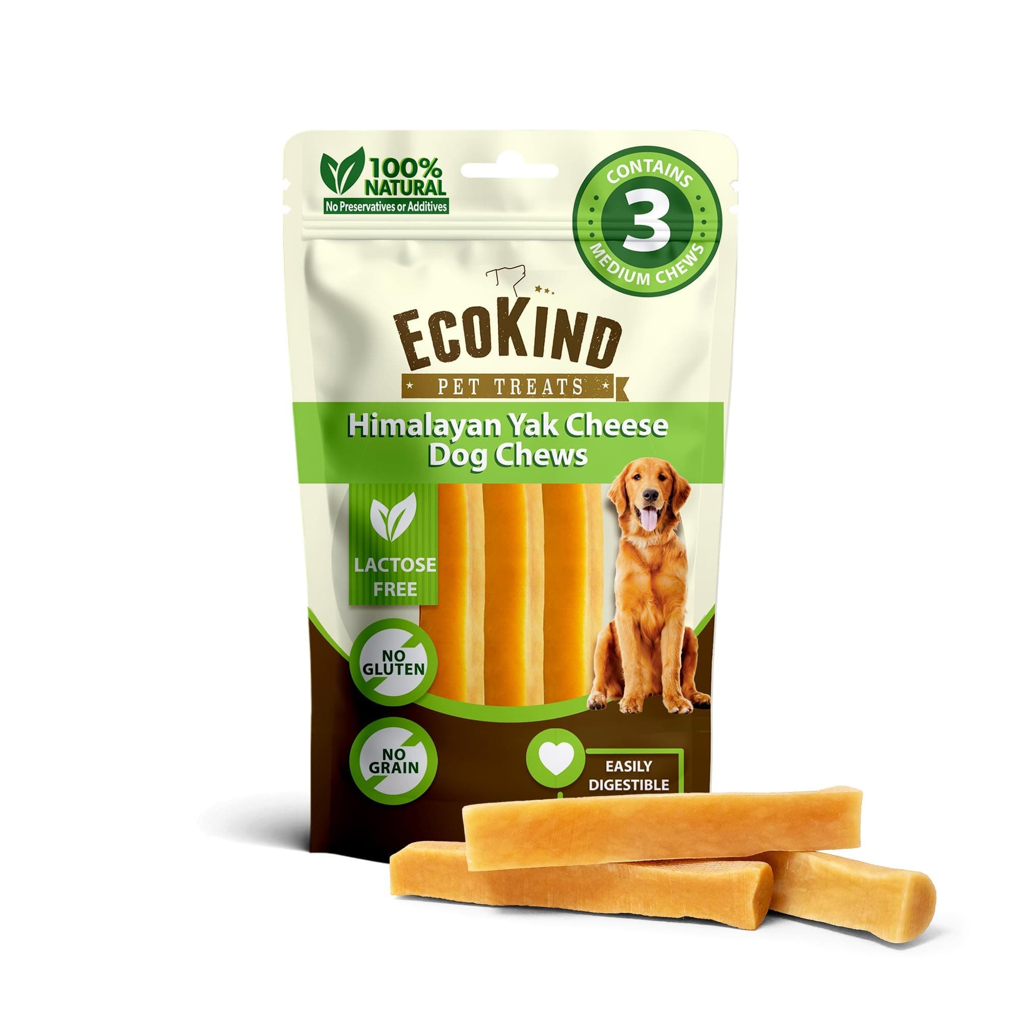 EcoKind Premium Gold Yak Cheese Himalayan Dog Chews, Dog Treats for Medium Dogs, All Natural, High Protein, for Aggressive Chewers, Medium - 3 Chews