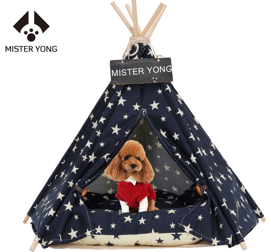 Yongs Pet Cat Dog Rabbit Teepee with Cushion,Portable Puppy Small Animals Bed Teepee Tent (Medium, Navy+Beige Star)