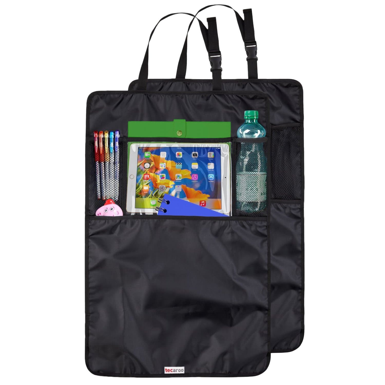 CARTECO Set of 2 Black Car Seat Organisers with multi-pocket travel storage system, hanging backseat accessories drink and document holder, universal touchscreen ipad tablet pouch