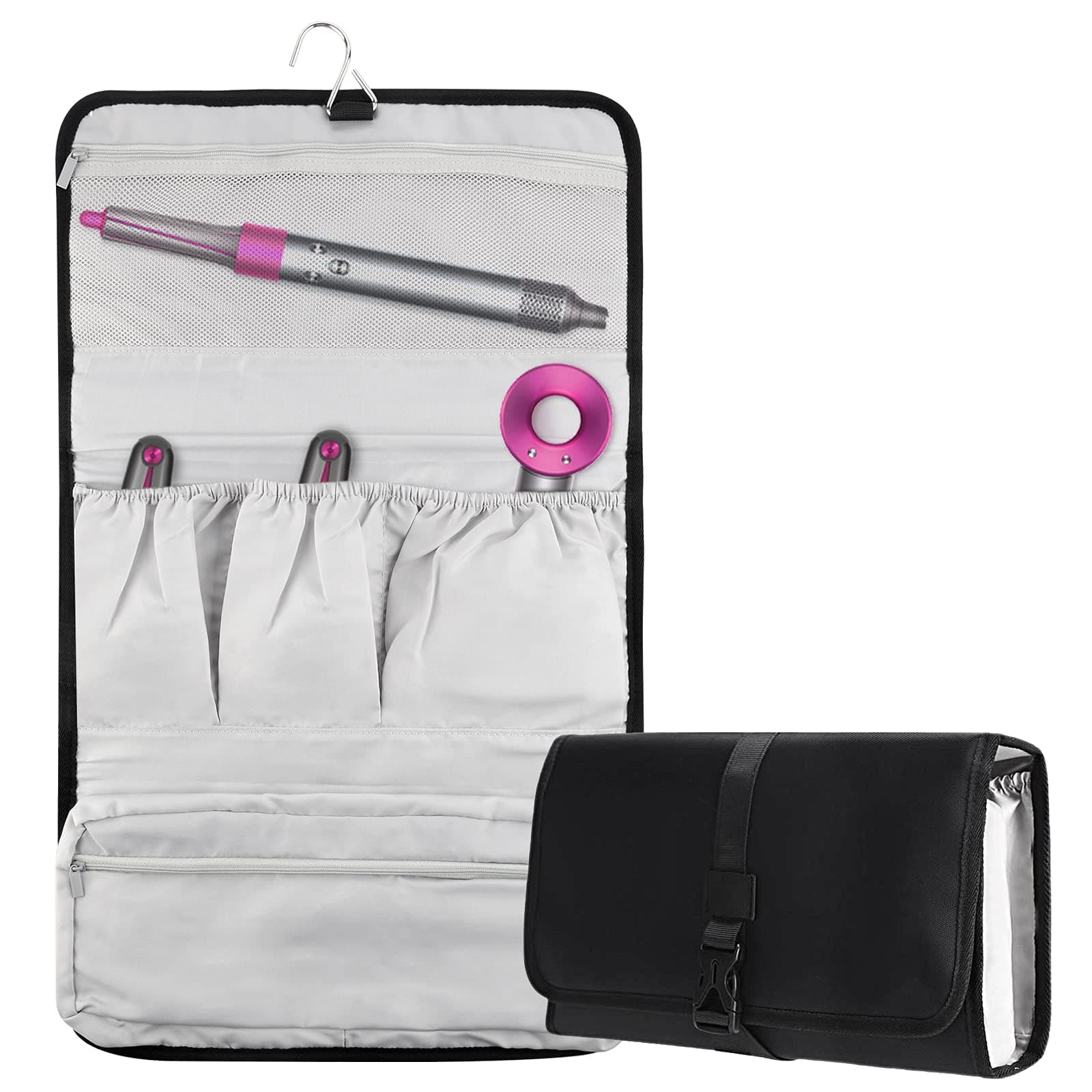 Linkidea Travel Carrying Protective Case Compatible with Dyson Airwrap Styler, Portable Hanging Curling Iron Storage Bag, Travel Bag with Hanging Hook (Black)