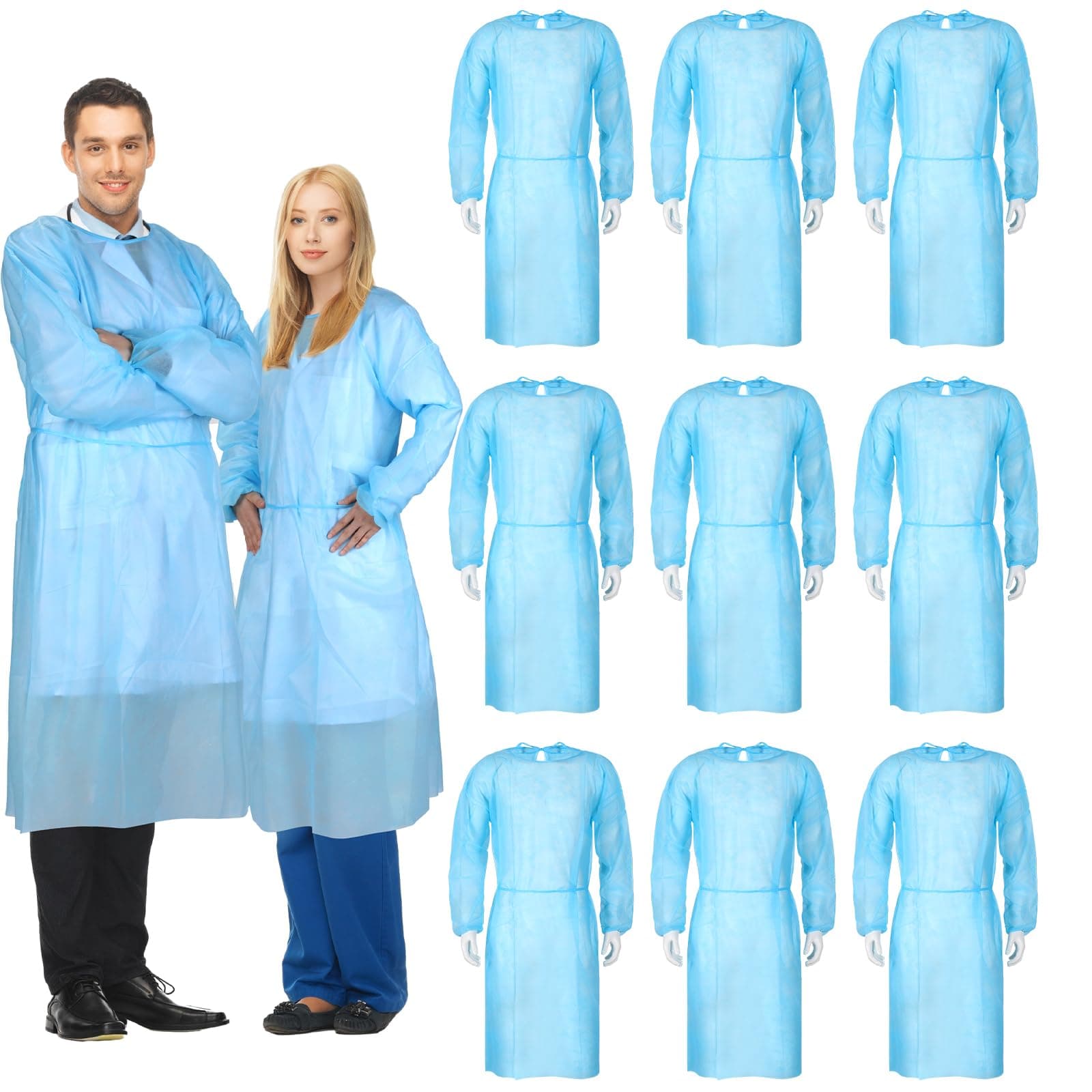 150 Pack Disposable Isolation Gowns PPE Gowns Disposable Bulk Fully Closed Double Tie Back Elastic Cuffs for Home Isolation, Labs, Dental, Beauty Agencies, Tattoo Practices, Unisex (Blue)