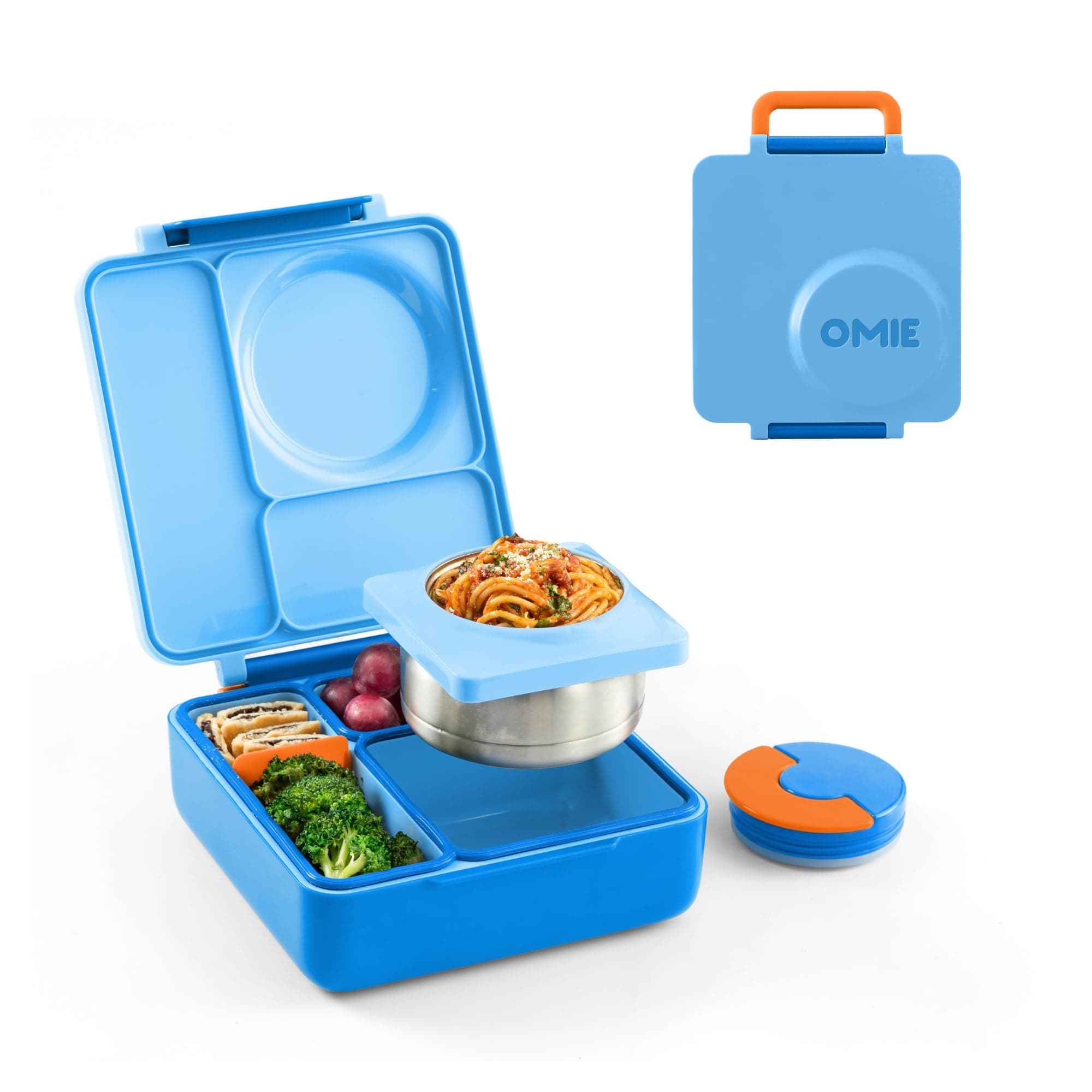 OmieBox Bento Box for Kids - Insulated Bento Lunch Box with Leak Proof Thermos Food Jar - 3 Compartments, Two Temperature Zones for Hot & Cold Food - (Blue Sky) (Single, Stainless Steel)