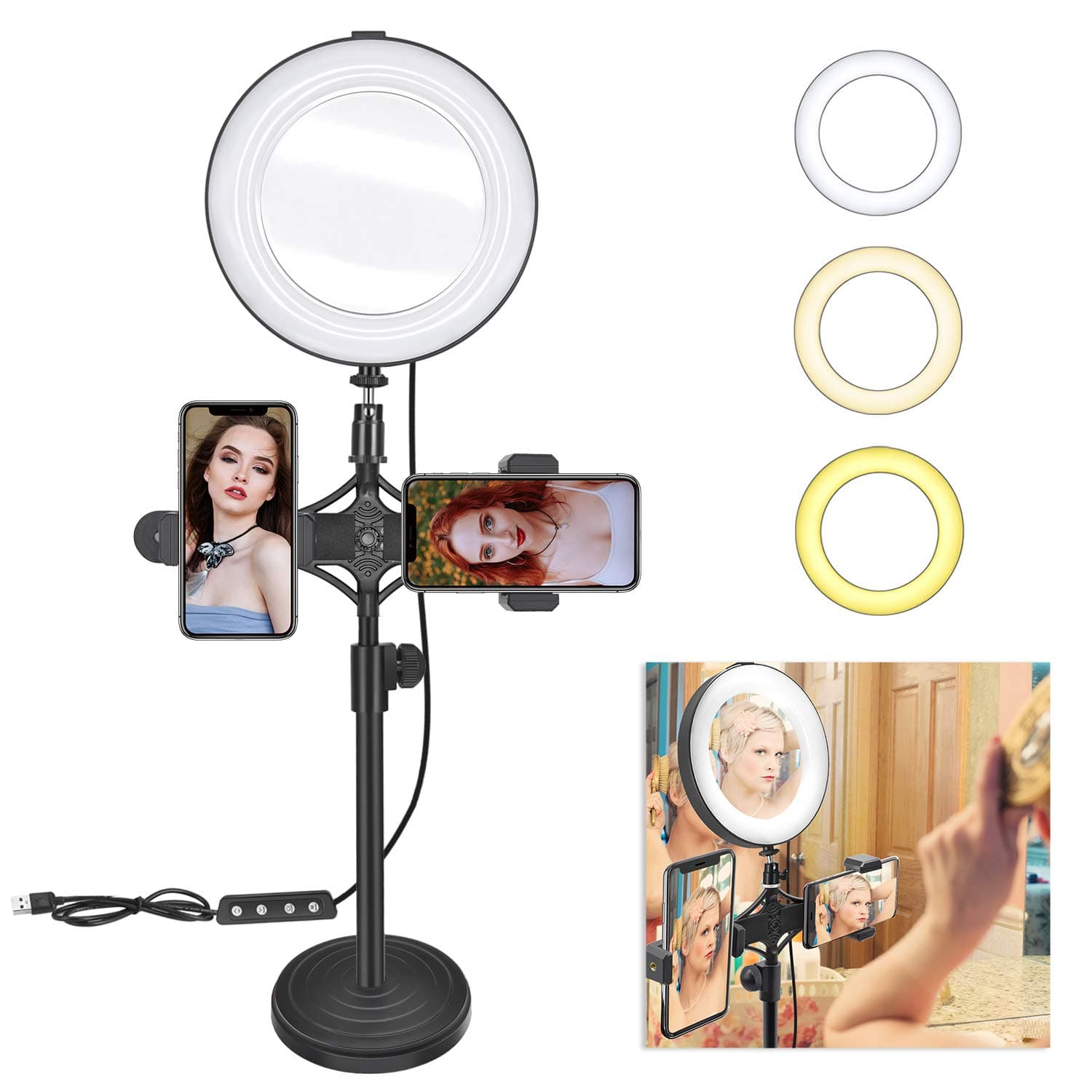 8" Ring Light Mirror for Selfie/YouTube Video and Live Makeup/Photography, MDrebel Dimmable LED Ring Light with Stand and Phone Holder, Shooting with 3 Light Modes & 10 Brightness Level