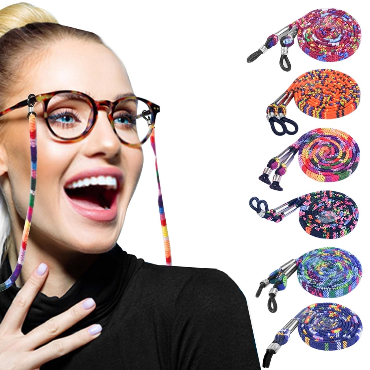 6Pcs Eyeglasses Straps Chain, 5mm Nylon Non-Slip Spectacles Strap Glasses Adjustable Neck Cord Retainer Lanyard 73cm / 28.74inch Bohemia Spec Lanyard for Women Men