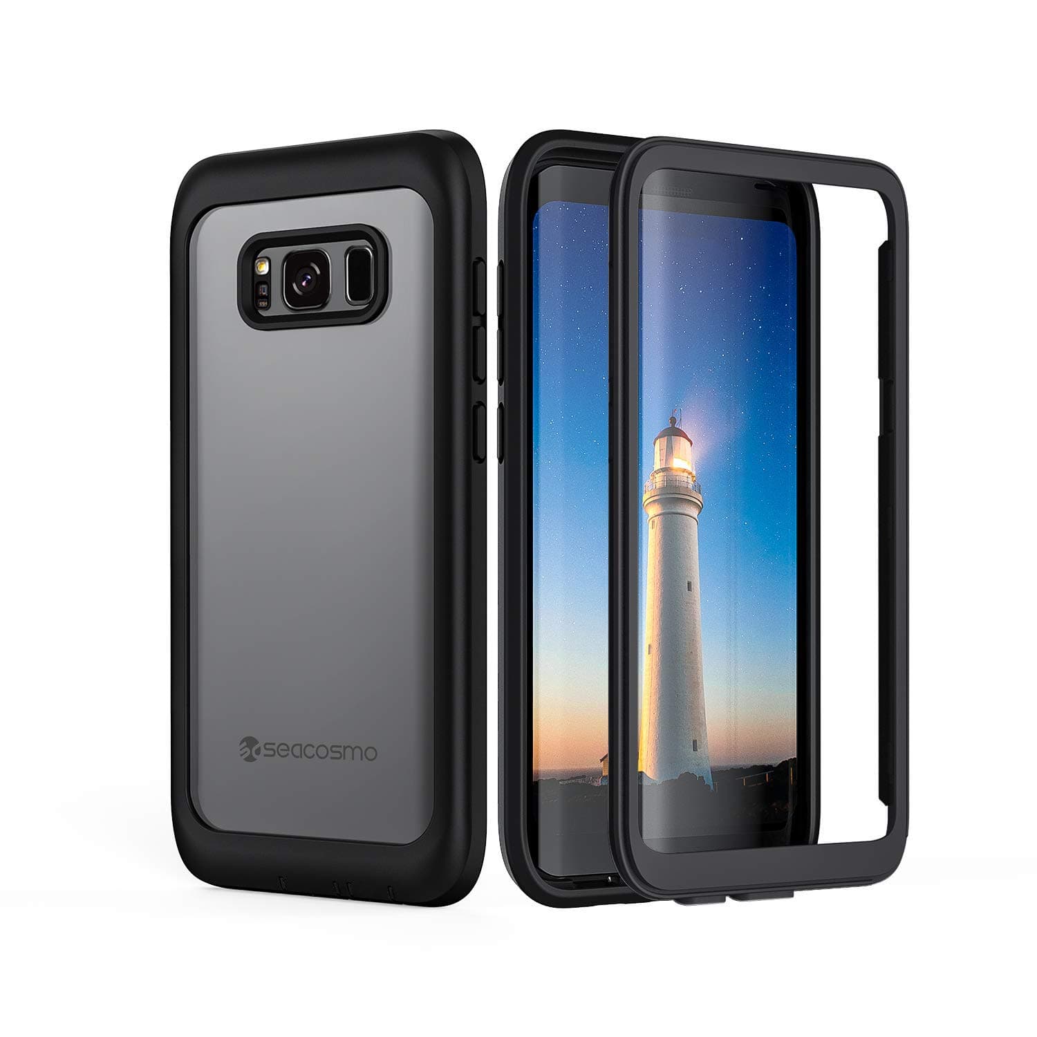 seacosmo Galaxy S8+ Plus Case, Full Body Shockproof Dustproof Rainproof Clear Bumper with Built-in Screen Protector, Black