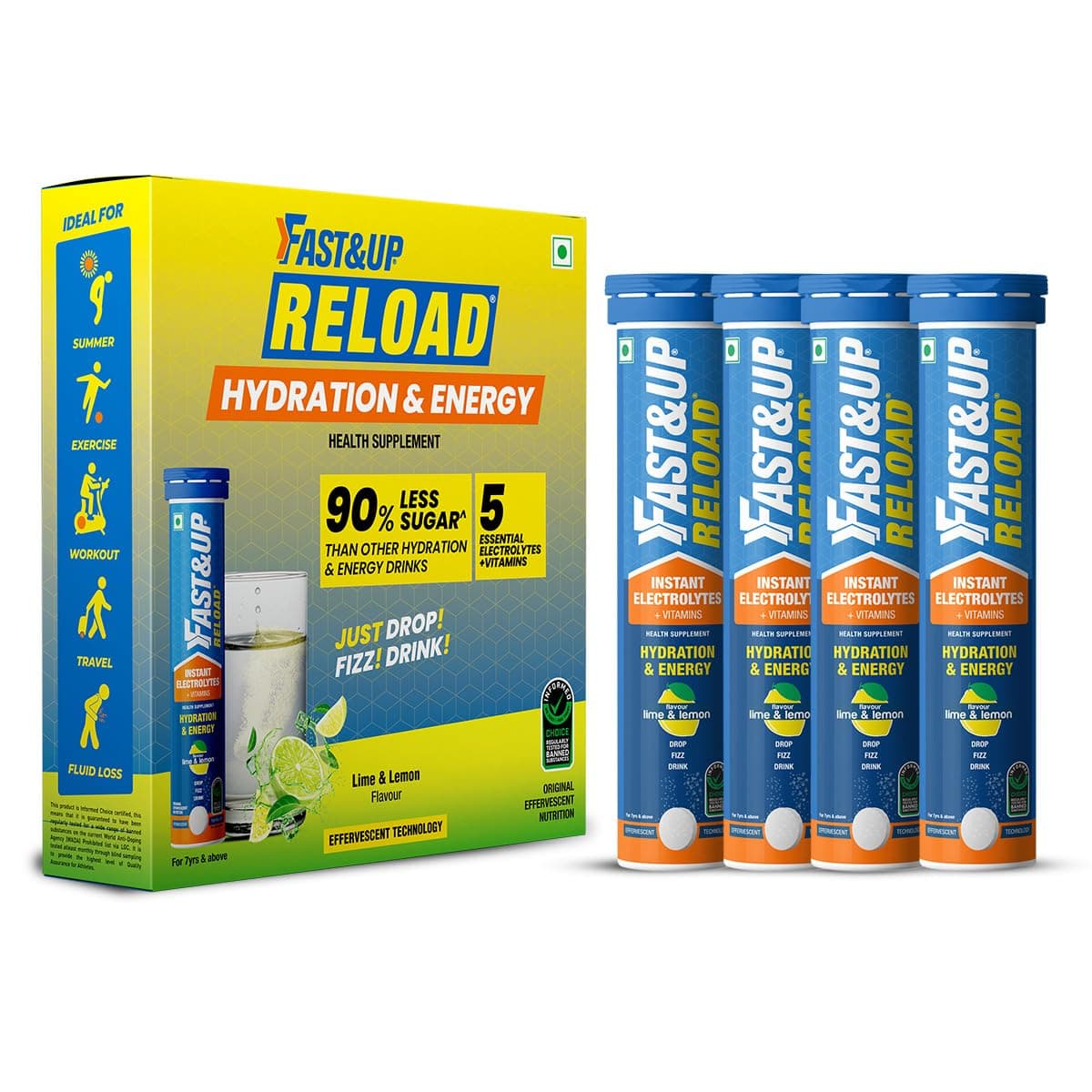 Fast&Up Reload (20 Litres) Low Sugar energy drink for Instant Hydration - 80 Effervescent Tablets with 5 Essential Electrolytes + Added Vitamins- Certified Electrolytes Drink - Lime and Lemon flavour