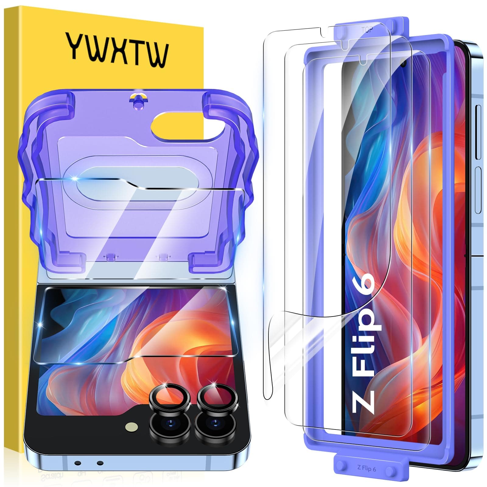 - YWXTW EZ Alignment for Samsung Galaxy Z Flip 6/Z Flip 7 FE Screen Protector, [Strengthen Crease Test] 3Pcs Inner Soft EPU Film+2Pcs Front Display Tempered Glass+1 Set Camera lens Protector, Anti Scratch