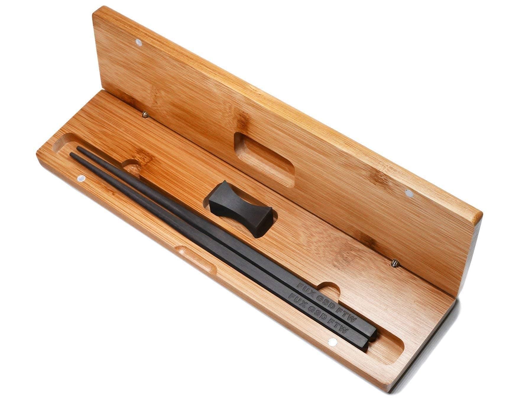 1 Pair Reusable Natural Ebony Wood Chopsticks - Matte Finish No Varnish - Engraved With Personalized Names - Classic Square Chinese or Japanese Style - Christmas Gift Set With Rest and Bamboo Case
