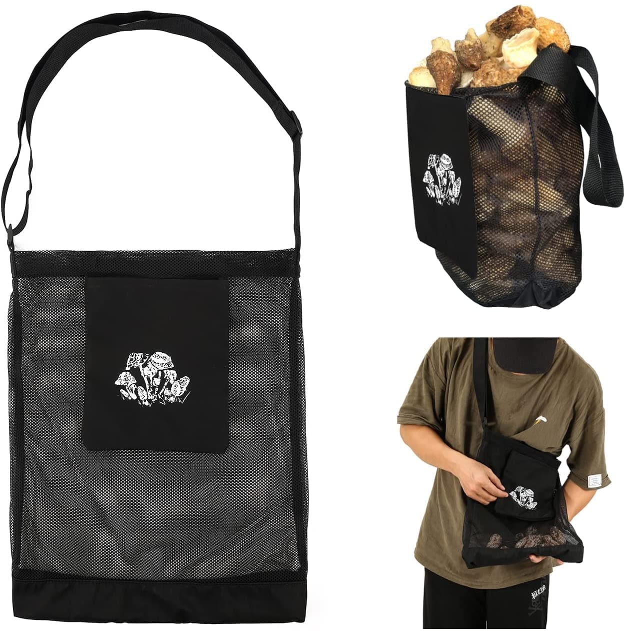 Qchengsan Mushroom Bag, 17 Inch Foraging Pouch Bag, Mesh Cross-body Drawstring Bag - Easily Replace Fruit Gathering basket or Picking Apron, Great for Bushcraft & Garden Enthusiasts