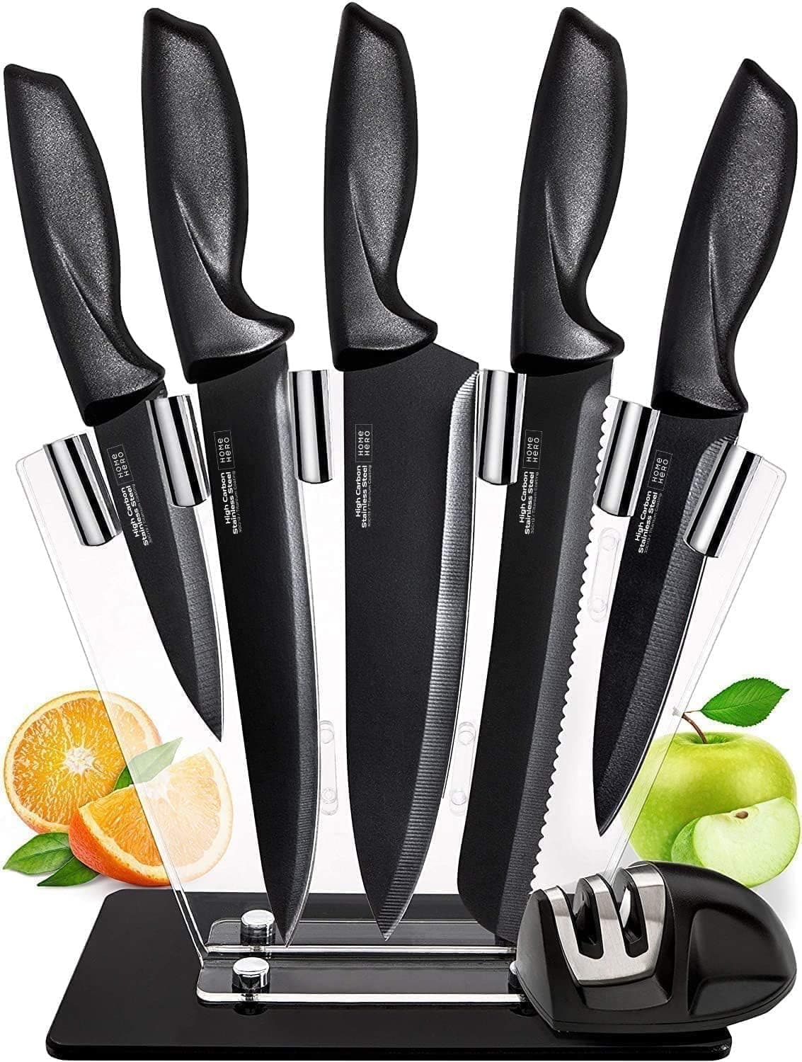 Home Hero Ultra-Sharp Stainless Steel Kitchen Knife Set - Chef Knives Set (7 pcs Set - Black with Knife Block)