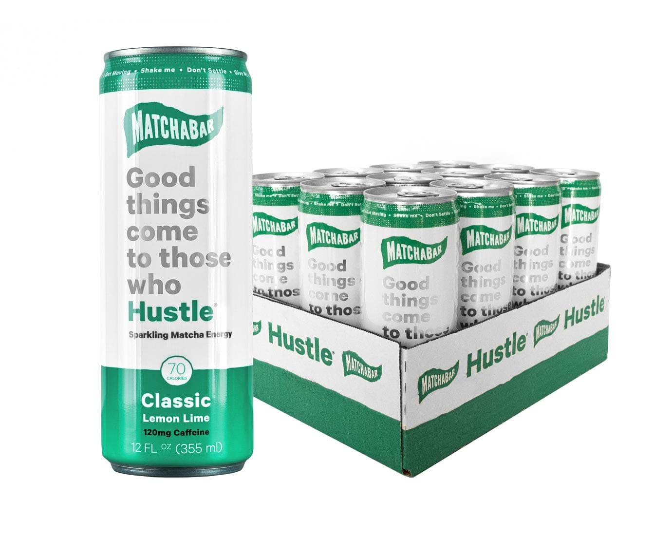 MatchaBar Hustle Energy Drink, Original Sparkling Natural Matcha Energy with Caffeine, Antioxidants, L-Theanine. 12 fl. oz. (Pack of 12)