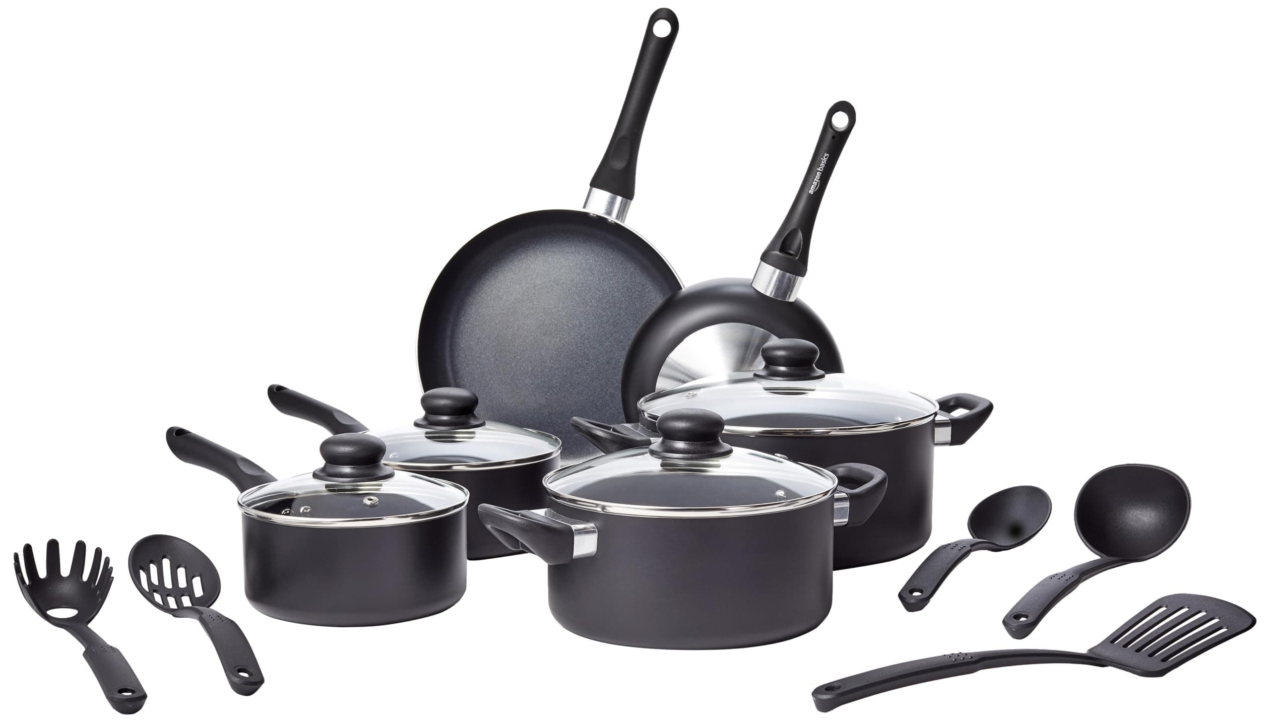 Amazon Basics Non-Stick Kitchen Cookware 15-Piece Set with Stay-Cool Handles, Even Heating, Non-Induction, Includes Pots, Pans, and Utensils, Black
