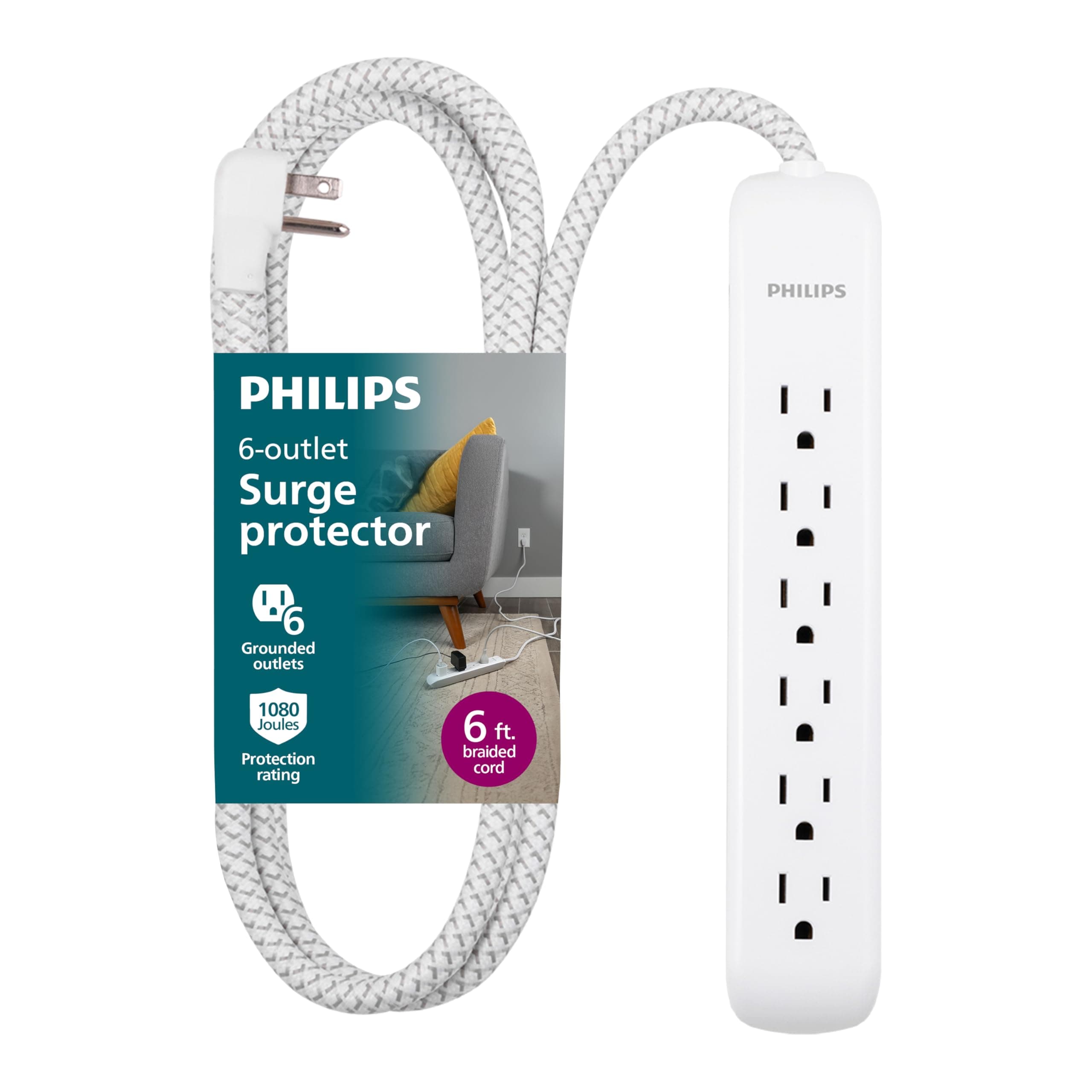 Philips 6 Outlet Power Strip Surge Protector, 6 Ft Power Cord, Designer Braided Extension Cord, Flat Plug, Perfect for Office or Home Décor, 1080 Joules, White, SPC3054WA/37