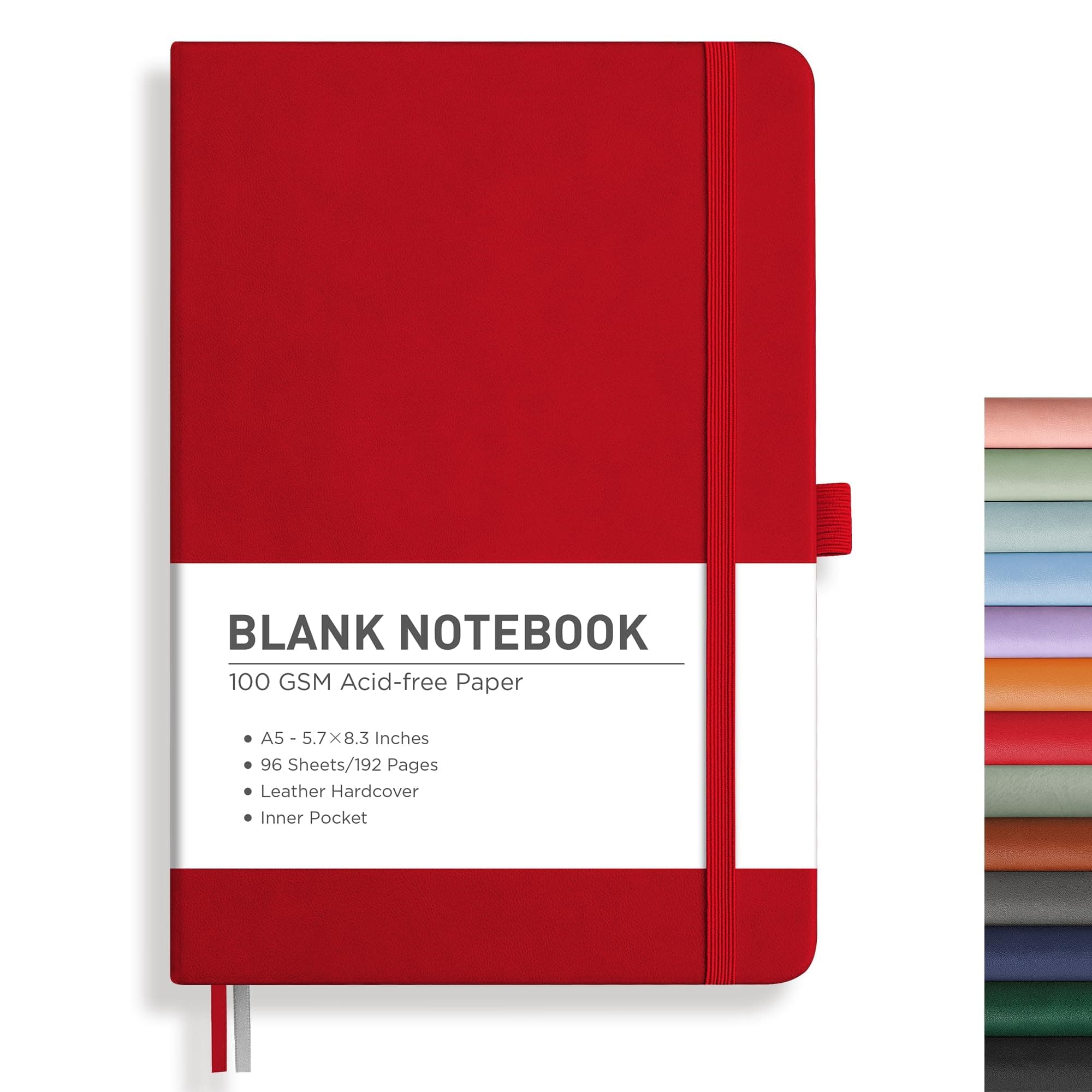 RETTACY Blank Journal Notebook, 192 Pages, A5 Medium Size (5.7'' x 8.3''), Leather Hardcover, 100 GSM Thick Paper, for Sketching, Drawing, Painting (Red)