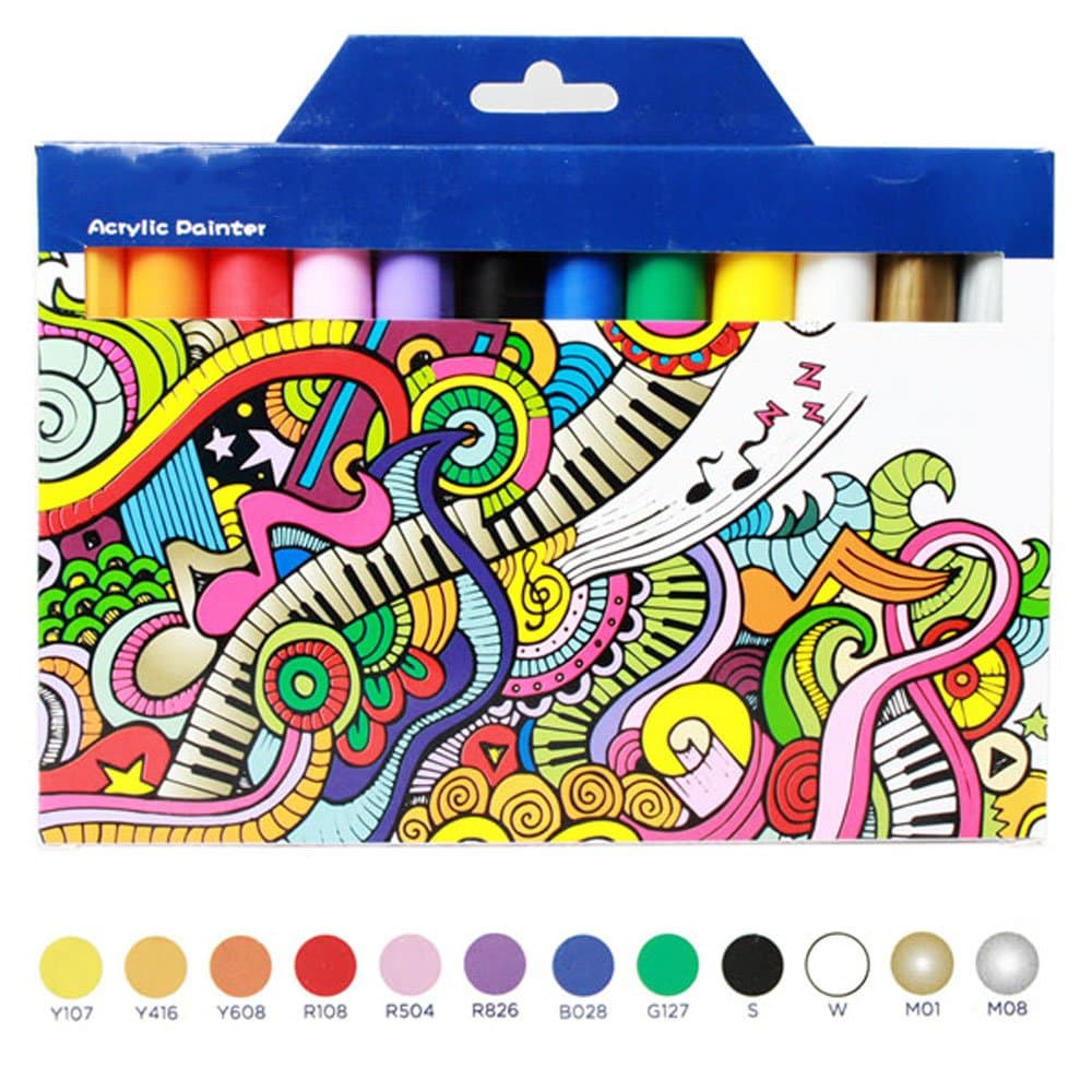 TOPmore Acrylic Paint Markers Medium Tip Acrylic Pens, Permanent Paint Pens,12/24 Assorted Colors (12Colors)