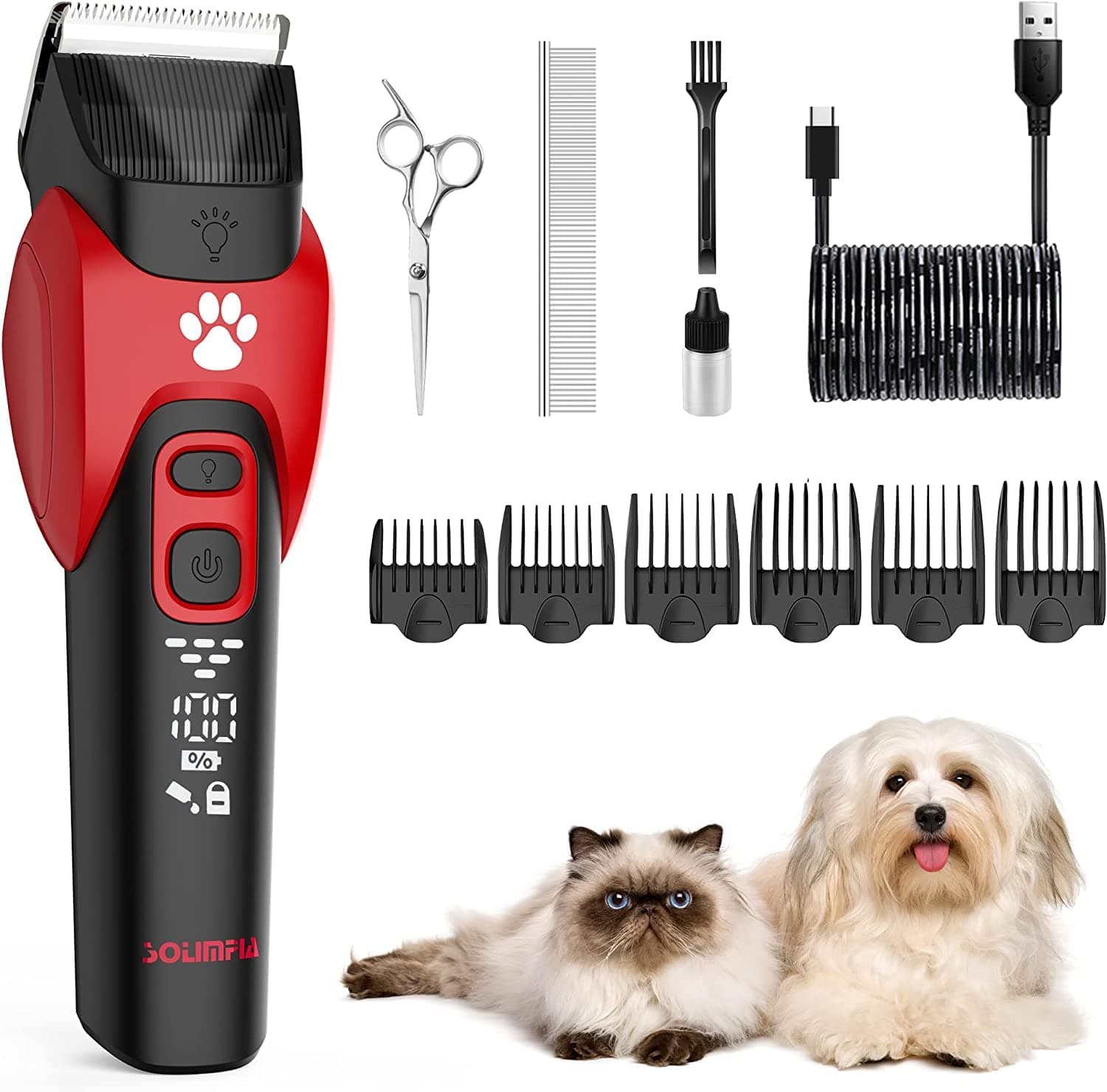 Solimpia Dog Cat Pet Clippers Shavers Electric Grooming Trimmer Kit Rechargeable Cordless Low Noise Professional Hair Trimmer Set