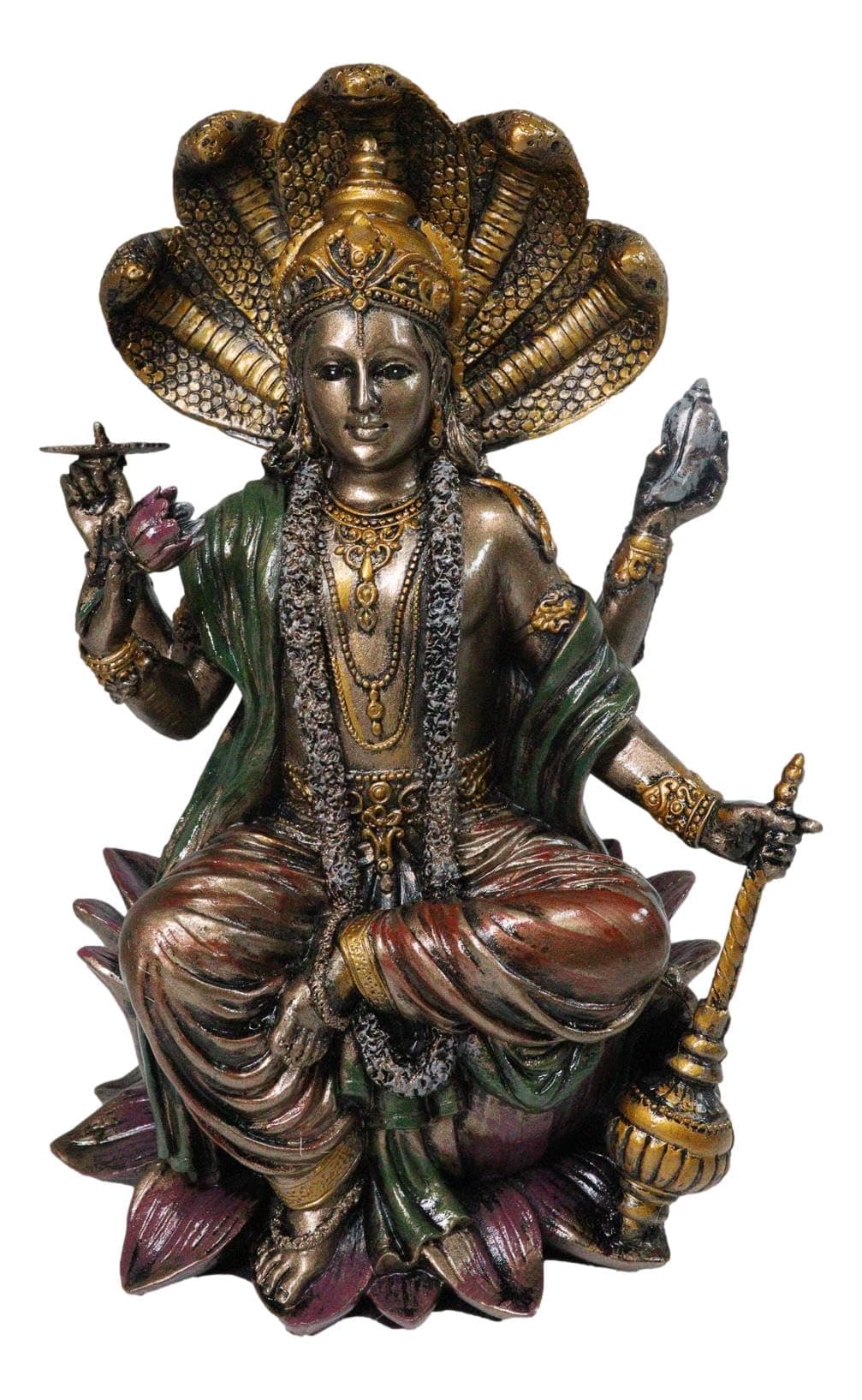 Hindu God Lord Vishnu Sitting On Cobra Heads Throne Statue Narayana The Preserver and Protector Figurine Panchayatana Puja Supreme Deity Hinduism Eastern Enlightenment Sculpture