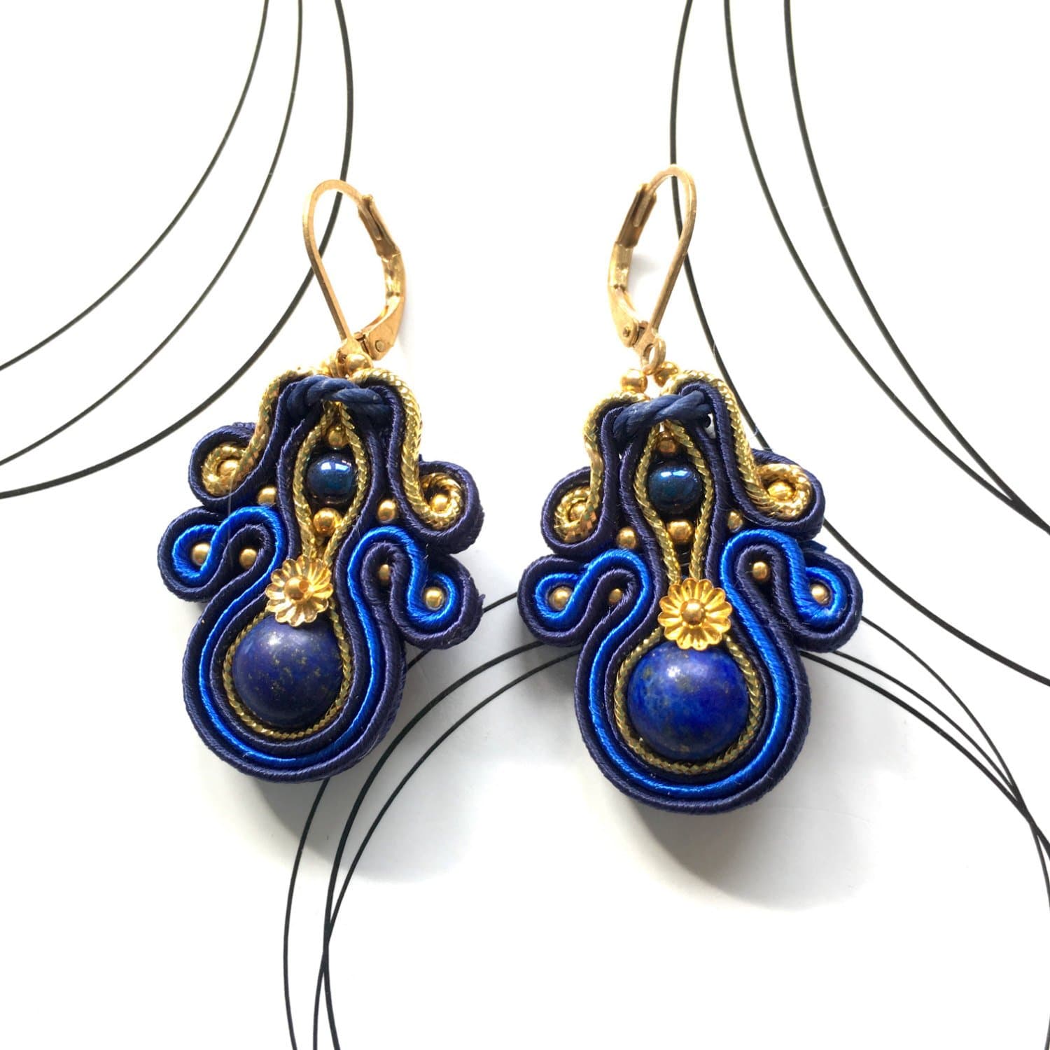 Lapis Lazuli Soutache Earrings, Glamour Jewelry, Dangle Earrings With Gemstone