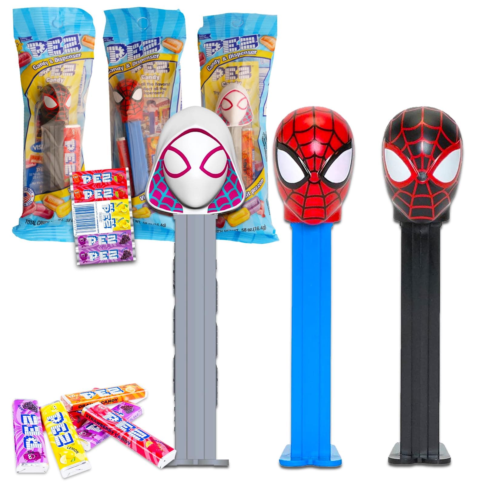 Spiderman PEZ Dispensers 4 Pack - Bundle with 3 Pez Dispensers Featuring Spiderman Plus PEZ Refill Pack | Marvel Spiderman PEZ Candy Dispenser & Candy Refills