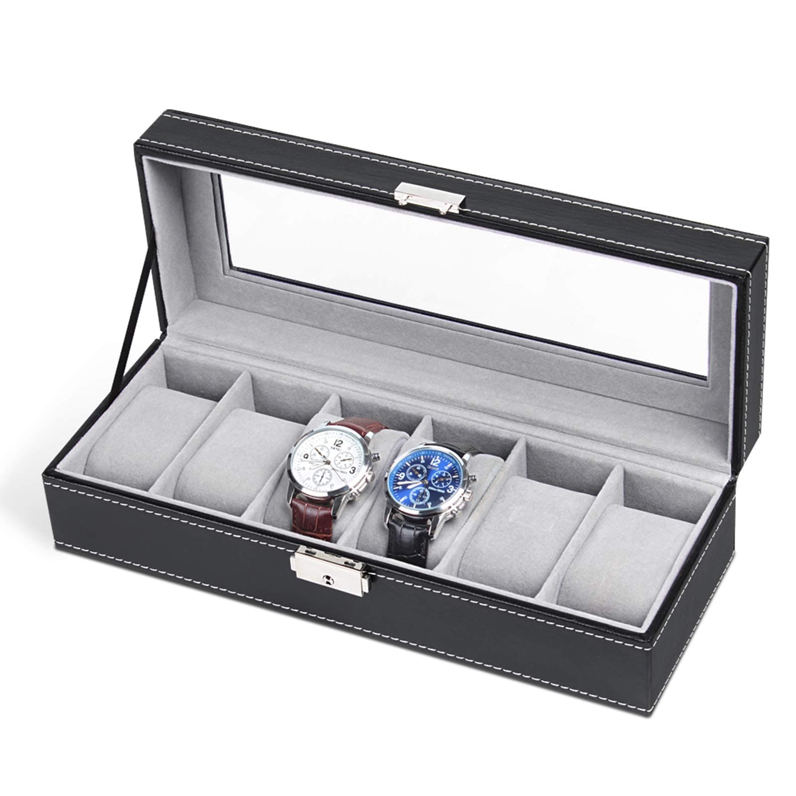 - NEX 6 Slots Watch Box Organizer for Men, Black Watch Holder Stand Display Storage Case