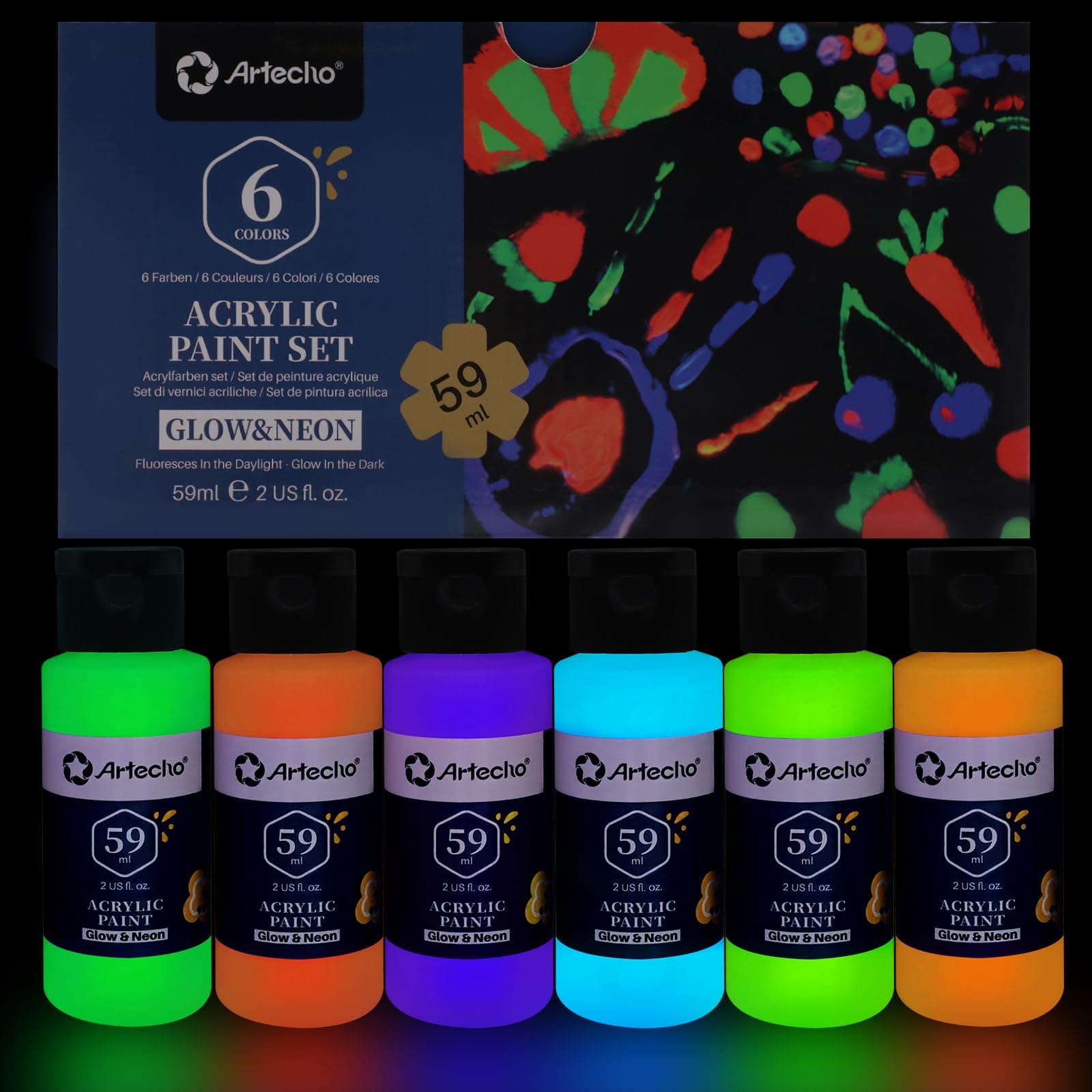 Artecho Glow in the Dark Paint - Set of 6 Colors, 59ml / 2oz Acrylic Paint for Halloween, Decoration, Art Painting, Outdoor and Indoor Art Craft for Canvas, Rock, Wood, Supplies for Adults, Students